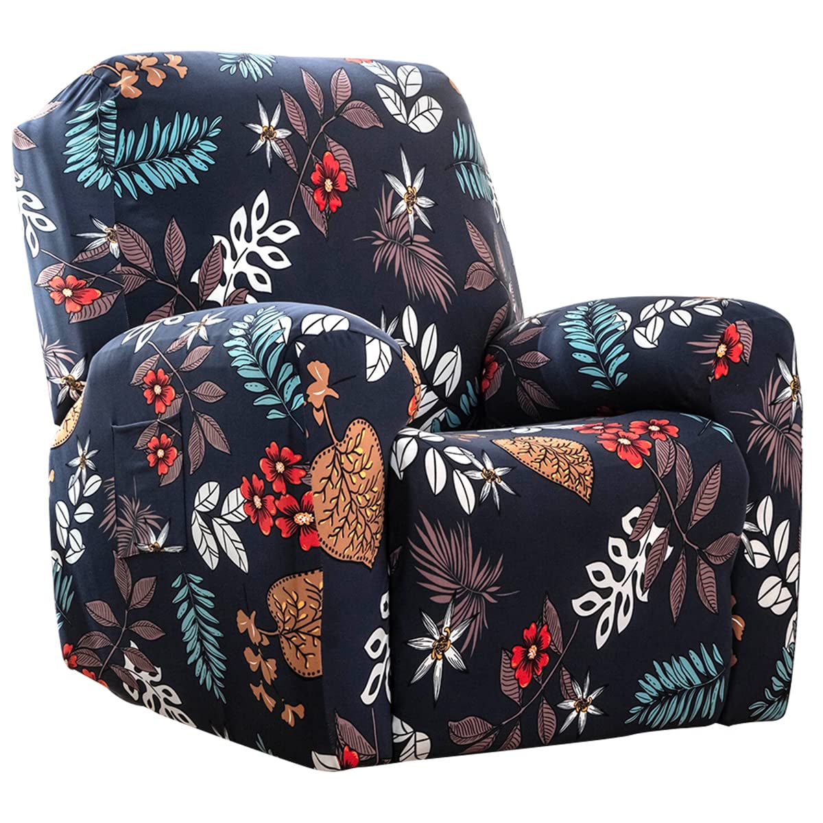Ghopy 4pcs Recliner Sofa Slipcover with Pocket Stretch Sofa Cover Elastic Sofa Protector Printed Reclining Lounge Chair Covers for Single Seat Couch(flowers)