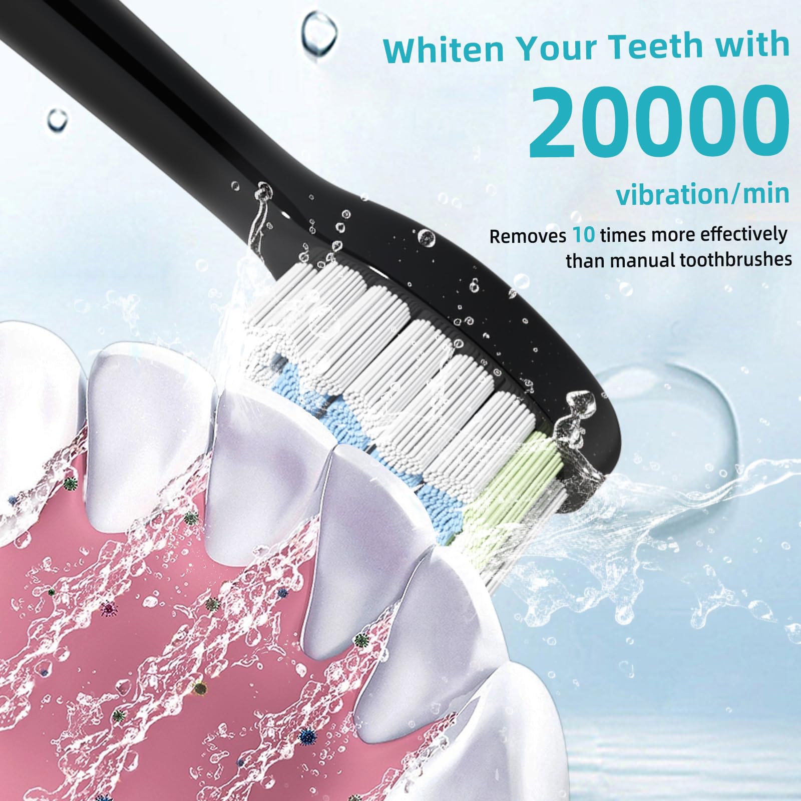 Rooman Cepillo de dientes eléctrico sónico para adultos, 20.000 vibraciones por minuto, 5 modos de limpieza, batería de 90 días, cepillo de dientes eléctrico con temporizador, IPX7 impermeable, 2