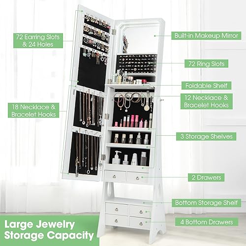 Miniatura 3 de CHARMAID Joyero con tira de luz LED armario de joyería de piso con espejo de longitud completa espejo de tocador integrado estante de maquillaje