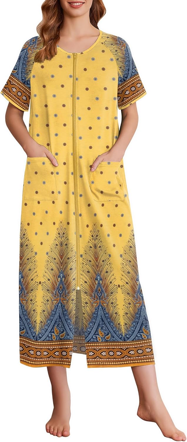 Ekouaer Women Long House Coat Zipper Front Robes Full Length Nightgowns with Pockets Striped Loungewear S-4XL