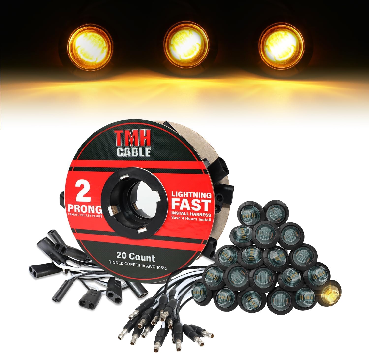 TMH 20 Pcs of 3/4 Inch Side Marker Smoked Lens Amber Lights with Connector Plug + 2 Pin Continuous Wire Harness, Plug and Play Hassle-Free Installation for Truck Trailer RV Pickup