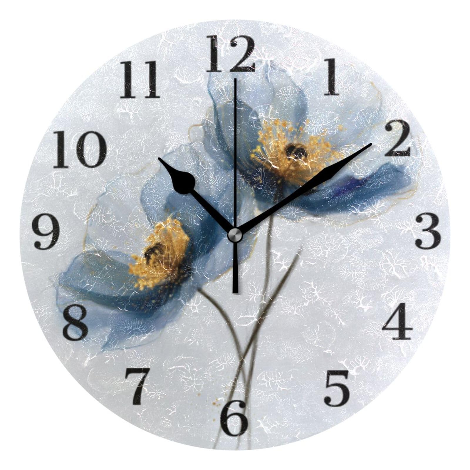 Ensound Blue Flower Corn Poppy Wall Clock Silent Non-Ticking Battery Operated Clocks 12 Inch for Kitchen Home Living Room