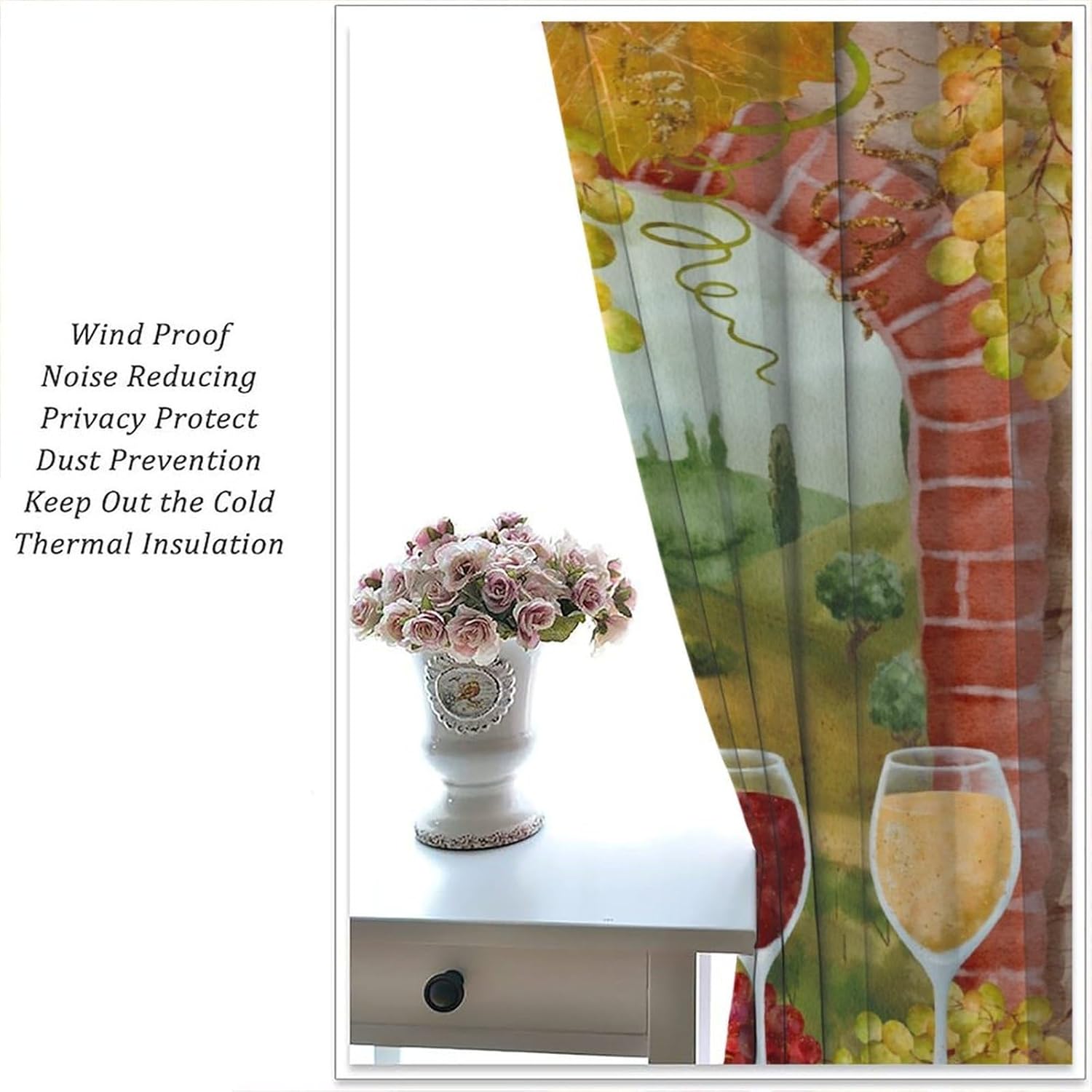 Red Wine Blackout Curtains, Watercolor Pattern Bottles Glasses Grapes Retro Abstract Window Drapes, for Living Room Bedroom 42" W X 63" L