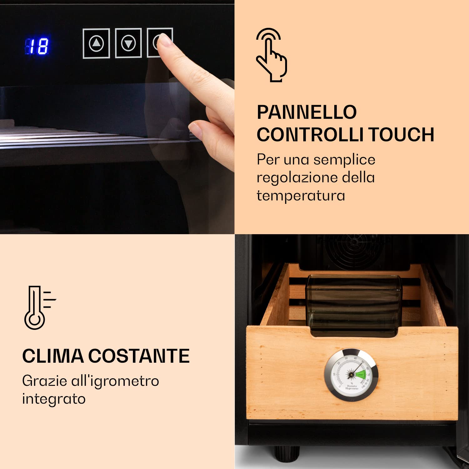 Klarstein El Presidente Umidificatore per Sigari - Armadio Humidor Termoelettrico con Porta in Vetro, Ripiani in Legno di Cedro, Igrometro, Luce LED Interna, 23 Litri, Nero