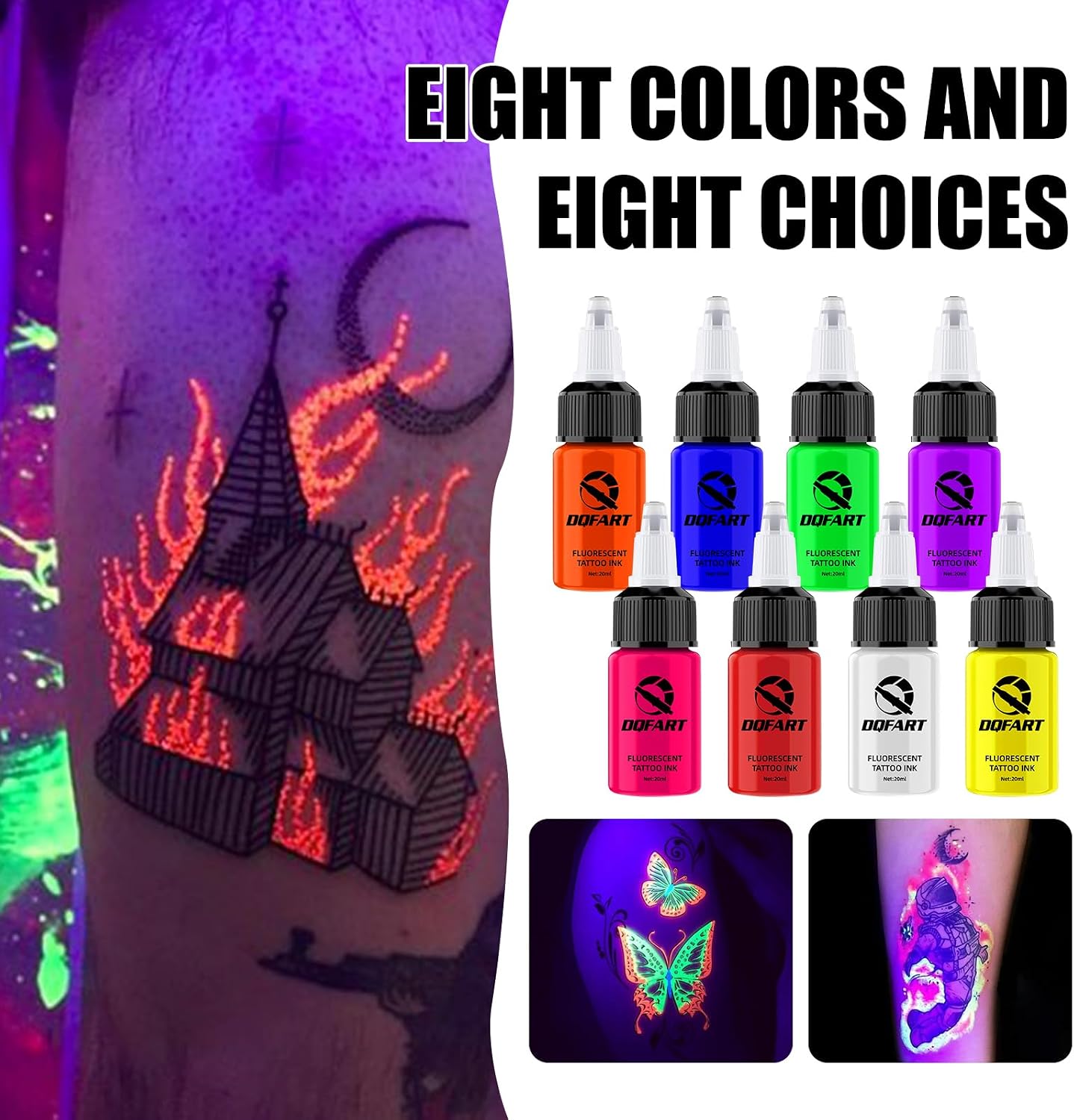 8 Color UV Fluorescent Tattoo Ink Set, Body Art Ink, 20ml Each