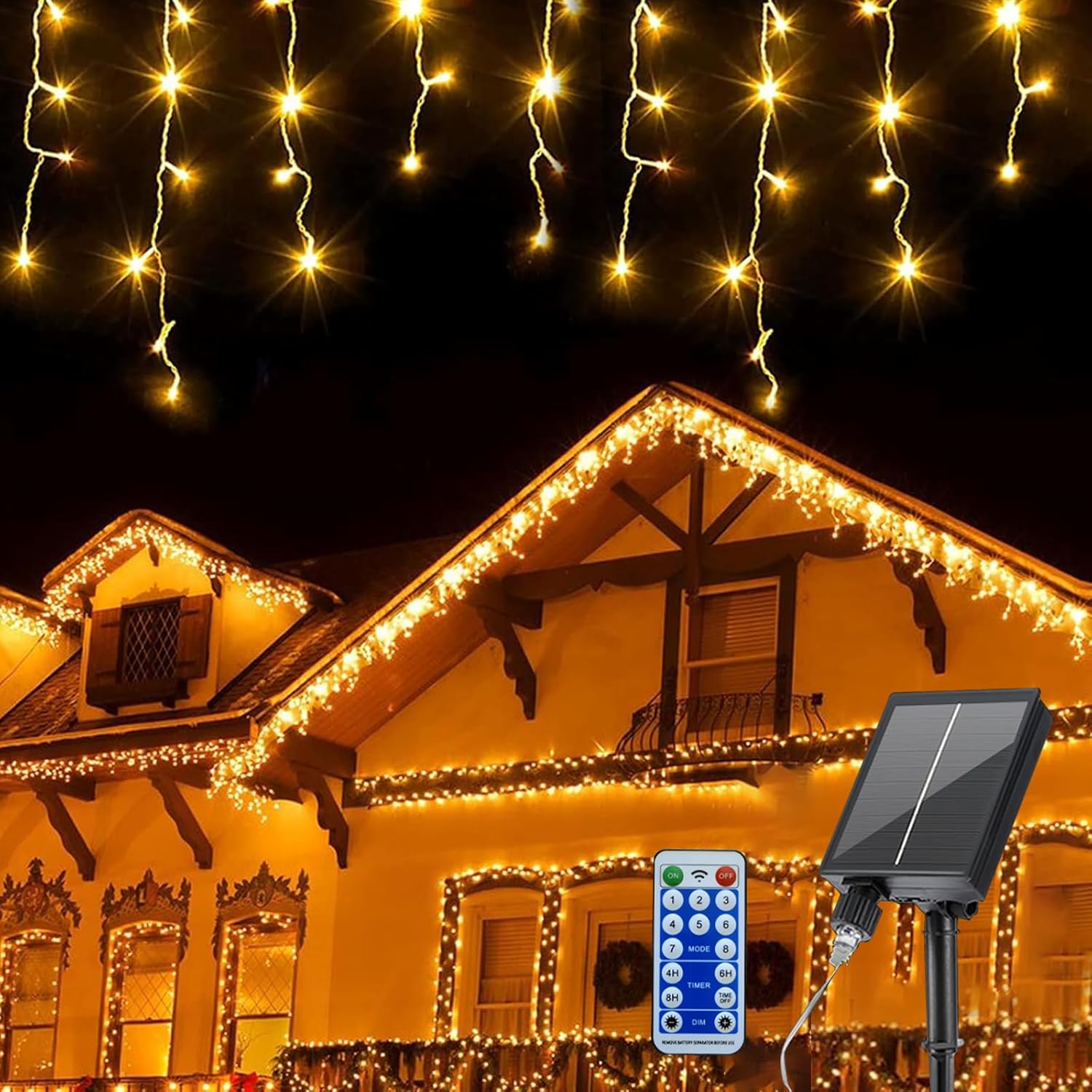 Christmas Icicle Lights, 60FT 600LEDs Solar Icicle Lights, 8 Modes Waterproof Warm White Christmas Light for Party, Holiday, Christmas Decoration(Warm White) Warm White 60 ft 600 LED