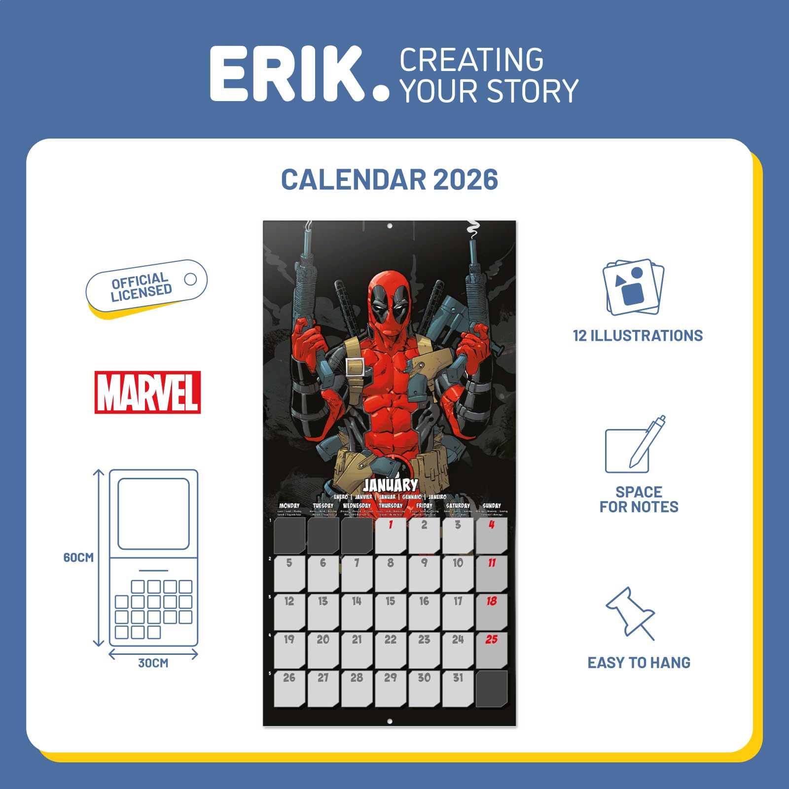 Grupo Erik Wall Calendar 2026 - Marvel Deadpool Calendar 2026 | Square 30 x 30 cm - 12 x 12 inches Wall Planner, Family Planner Month To View | Deadpool Gifts, Marvel Gifts For Friends