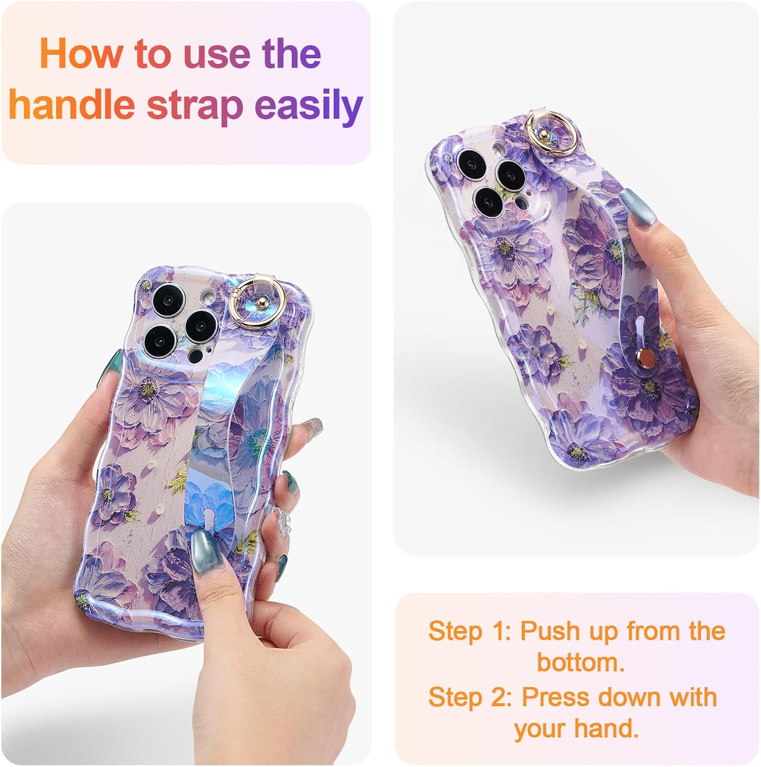 EYZUTAK Case with Hand Strap for iPhone 17 Pro Max, Colorful Oil Painting Flower Case with Wristband Kickstand Laser Curly Wave Edge Stylish Durable TPU Protective Cover for Women - Purple - Image 2