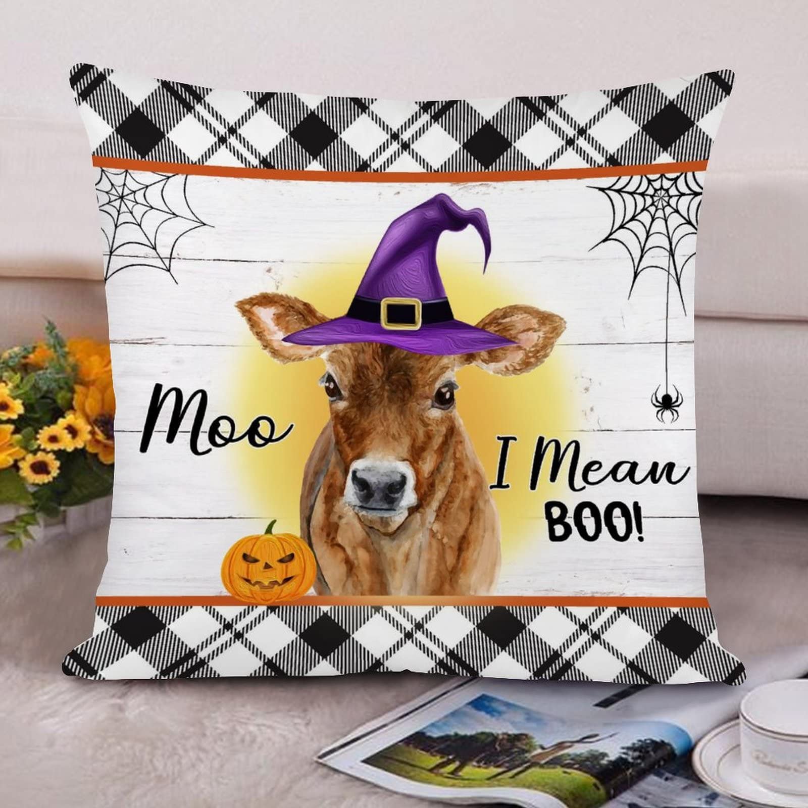 Halloween Cow Pillow Cover 18x18 Inch – 'Bull Sheet' Ghost Cows With Pumpkins, Black Farmhouse Throw Pillow Case For Couch