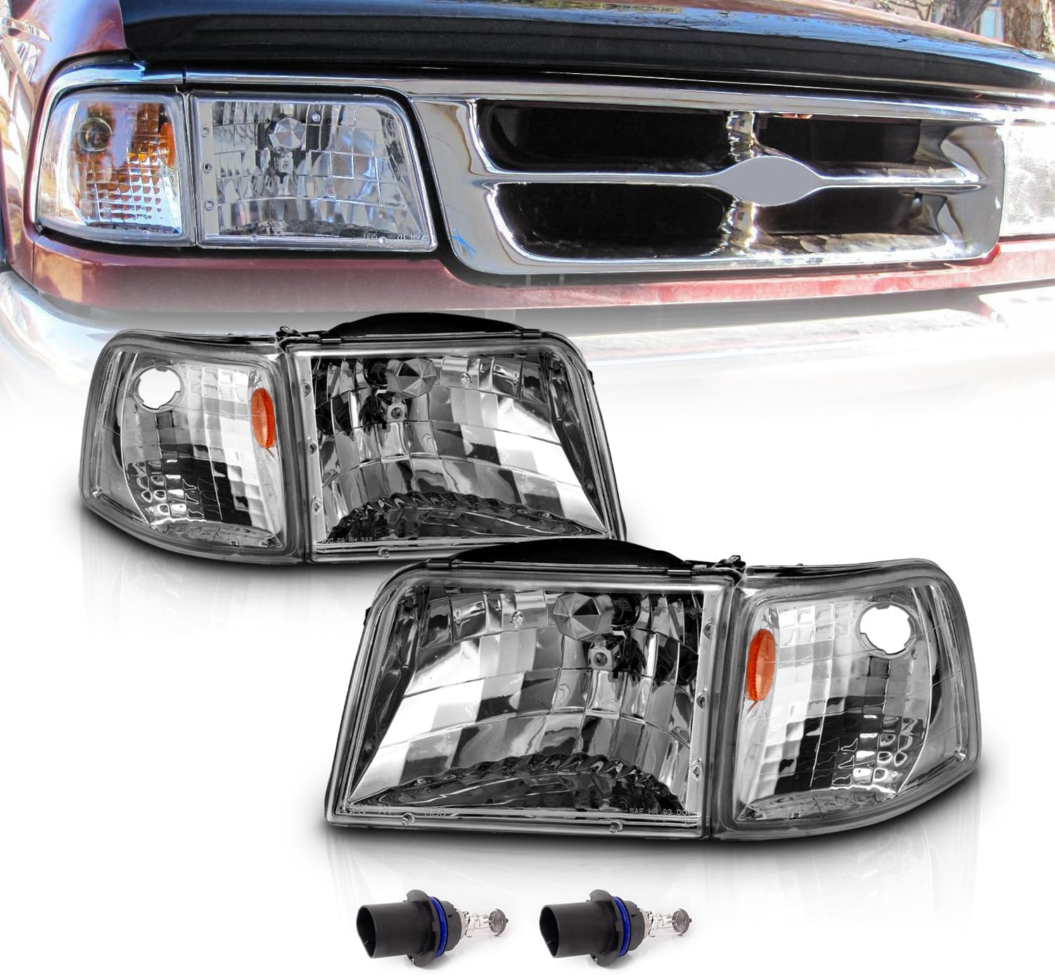 AmeriLite Replacement Halogen Headlights And Corner Set For 93-97 Ford Ranger Pickup Truck - Passenger and Driver Side, Vehicle Light Assembly