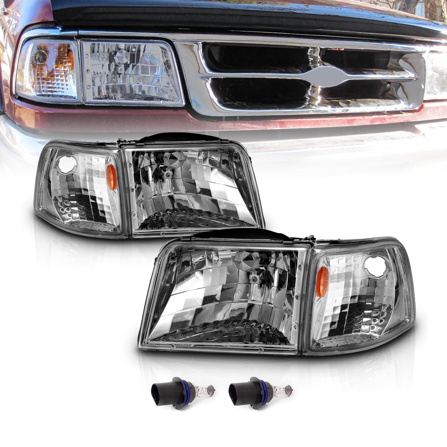 AmeriLite Replacement Halogen Headlights And Corner Set For 93-97 Ford Ranger Pickup Truck - Passenger and Driver Side, Vehicle Light Assembly
