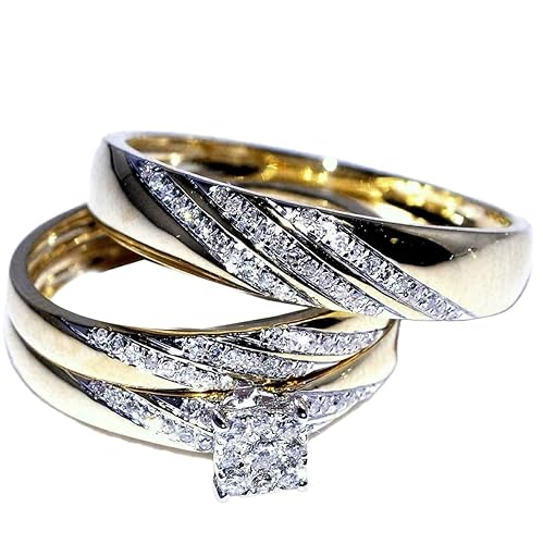 Ssjewel Diamond Trio His And Her Bridal Wedding Engagement Ring Set 14K Yellow Gold Finish Handmade Anniversary Stackable Matching Gorgeous 925
