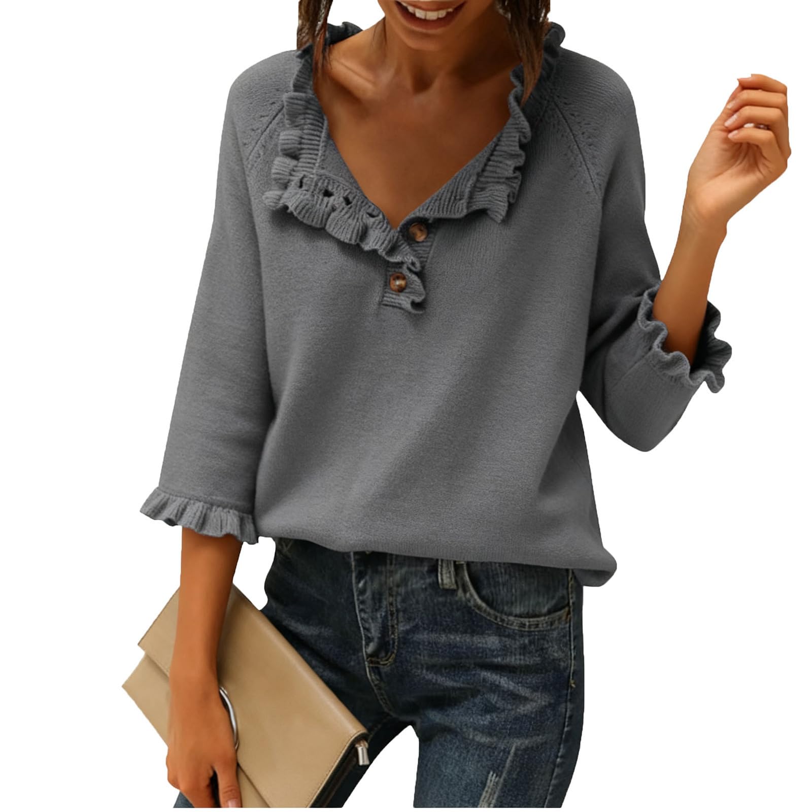 Womens Plus Size Sweaters Fall Casual 3 4 Sleeve Ruffled Trim Button Henley Neck Loose Tops Pullover Winter