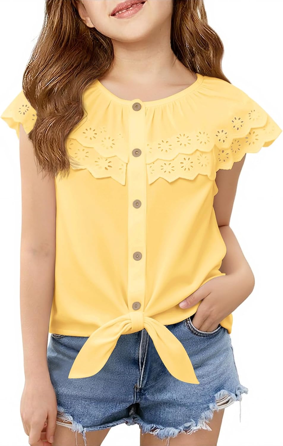 Haloumoning Girls Sleeveless Button Down Shirts Kids Cute Ruffle Doll Collar Blouse Tie Front Tops 5-14Y
