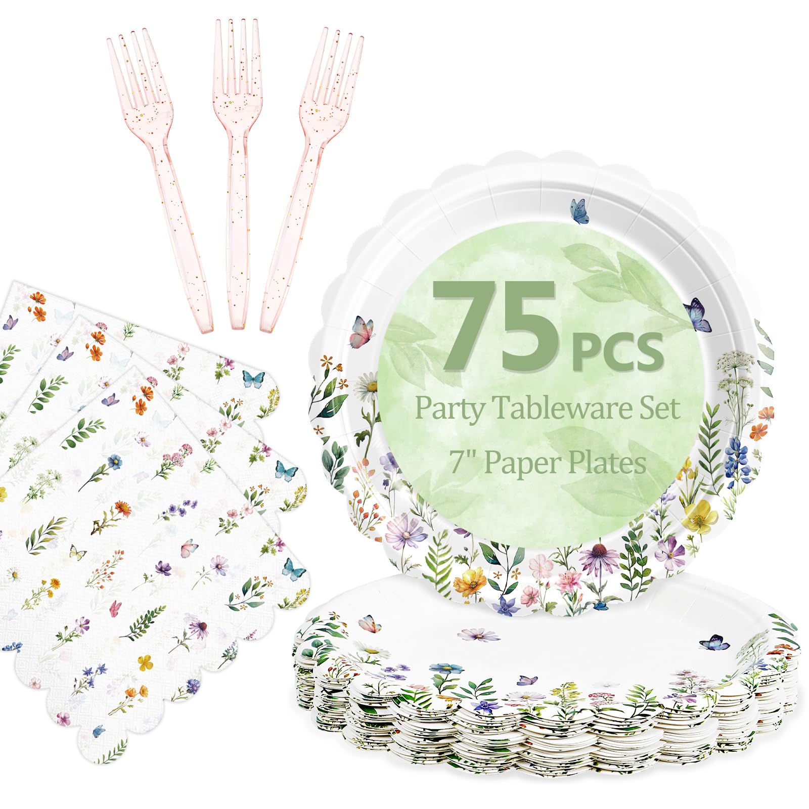 Mulbozy 75 Wildflower Paper Plates and Napkins&amp; Forks Disposable Set, 7Inch