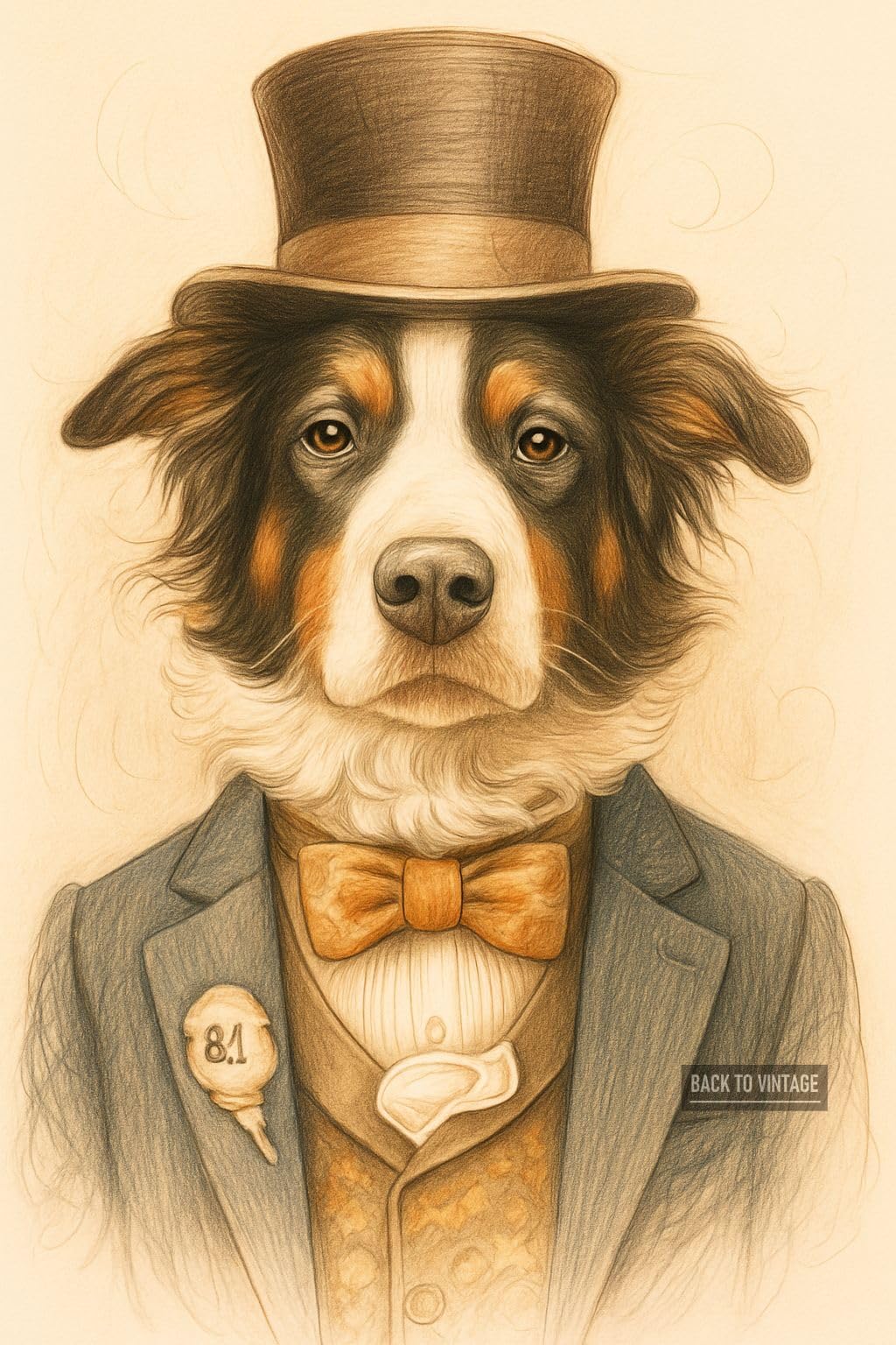 Tricolor Dog Dressed in Formal Attire with Top Hat - A4 Poster Animal Portrait Art Print Anthropomorphic Wall Art Featuring Pet in Human Outfit Perfect for Home Decor Office or Gallery Display