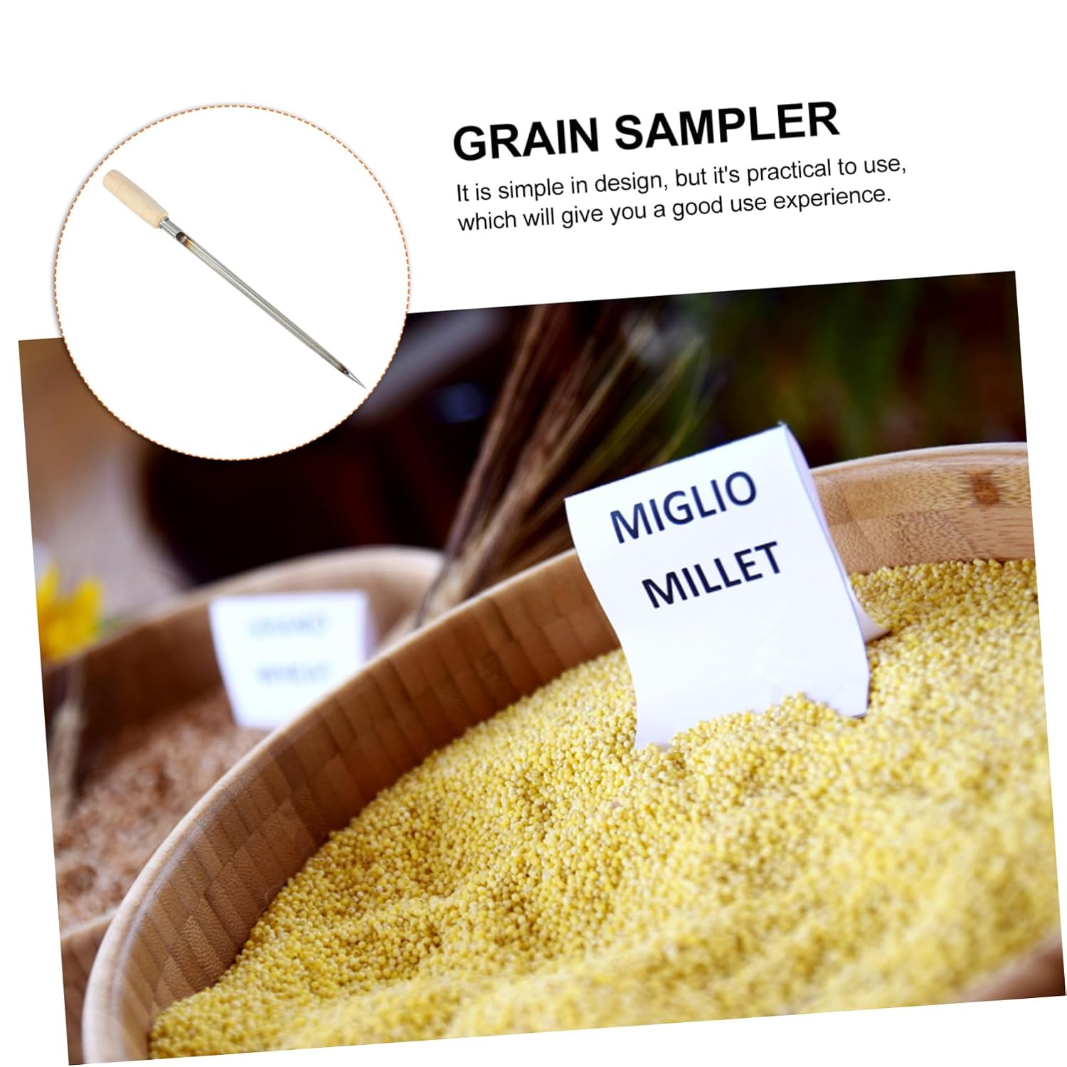 Zerodeko Stainless Steel Grain Sampler Tube for Wheat Corn and Rice Long Agricultural Powder Sampling Tool Wooden Handle Sturdy Sampling Equipment for Farm Use