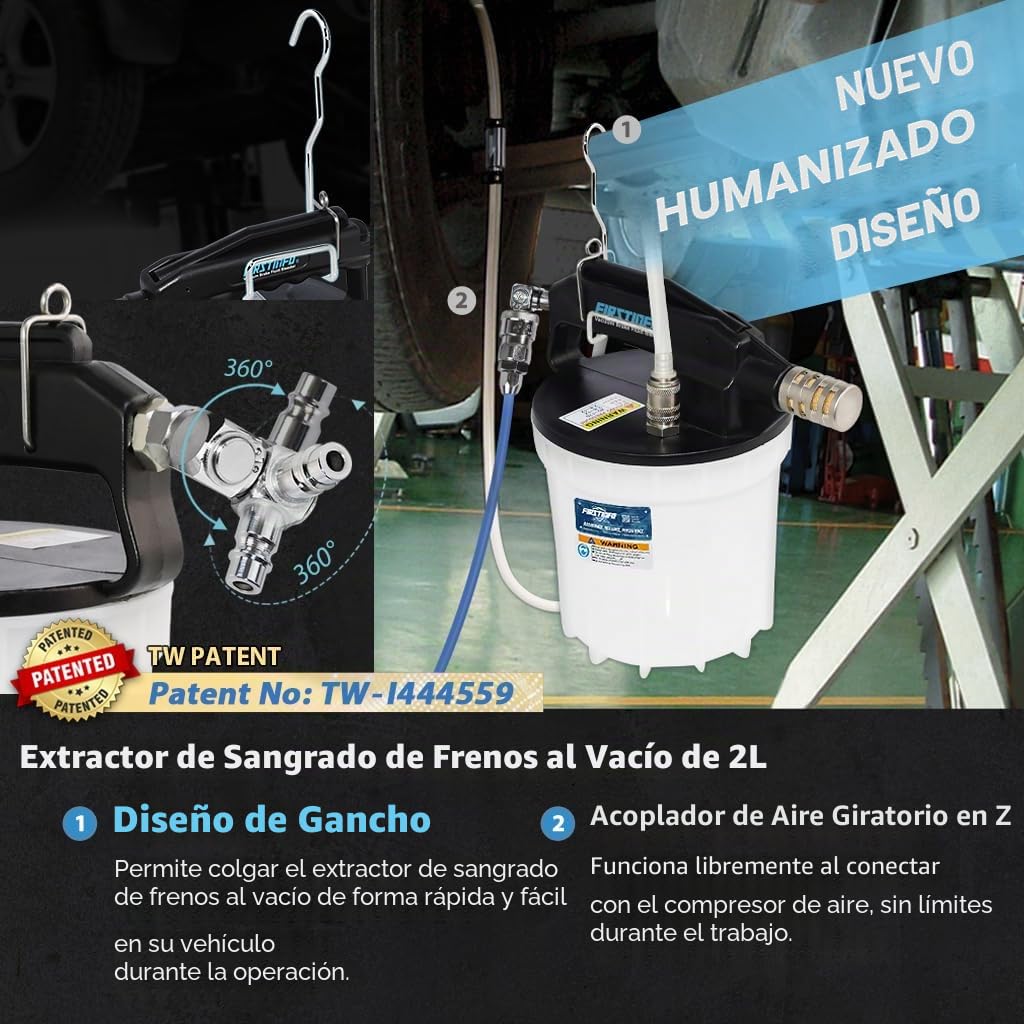 FIRSTINFO Purga de Frenos Neumática 2L, Kit de Purga de Líquido de Frenos con Tubo Silicona 1,5m, Válvula Anti-Retorno, Universal Coche y Moto, A1151EU