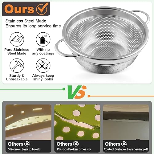 Miniatura 7 de P&P CHEF Colador de acero inoxidable de 3 cuartos de galón, colador de metal microperforado para alimentos de cocina, ideal para enjuagar, lavar y