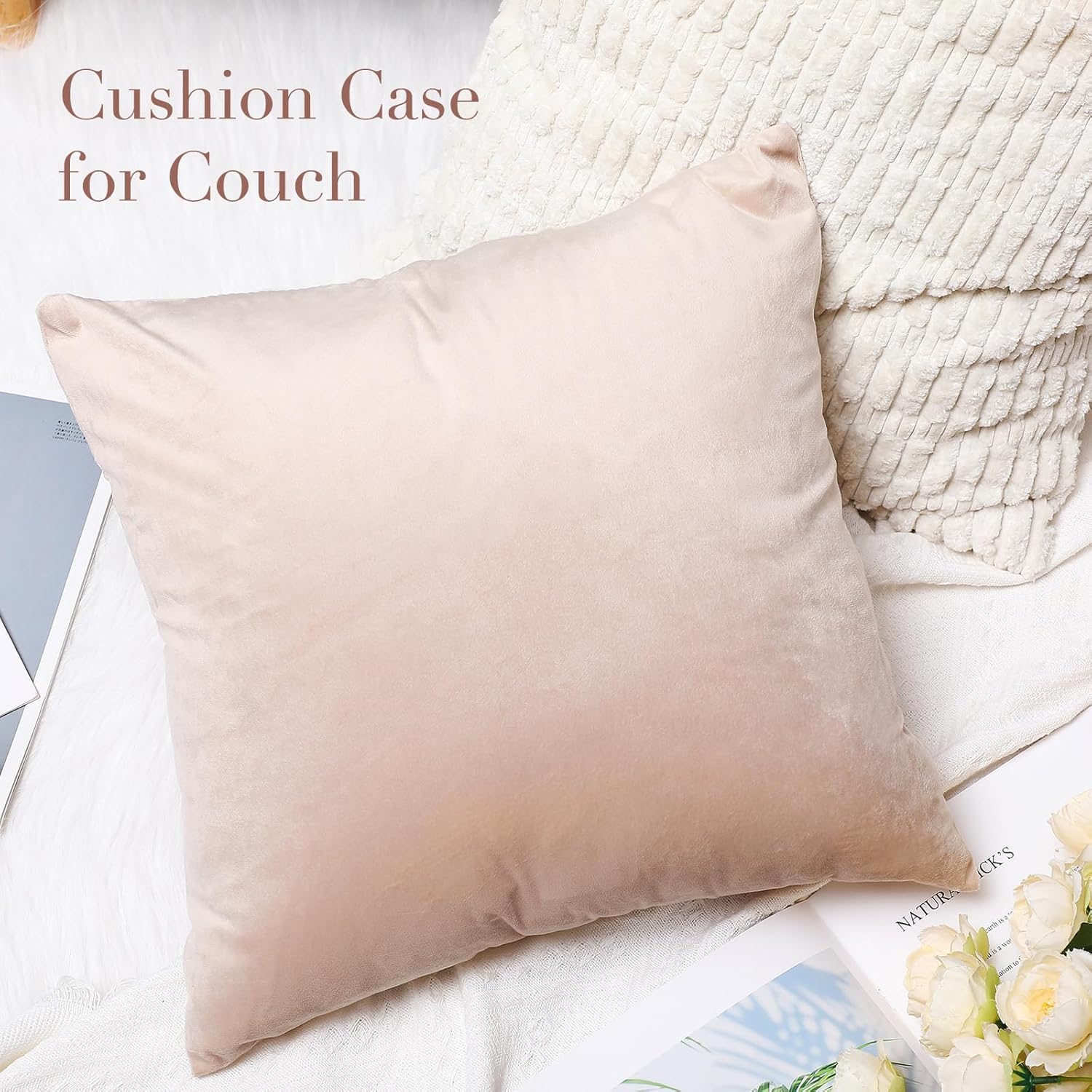 Preboun 6 Pcs 18x18 in Neutral Decorative Throw Pillow Covers Velvet Pillow Cases Boho Neutral Home Decor Soft Plush Striped Corduroy Square Cushion Cover for Couch Bed Sofa Rustic Farmhouse