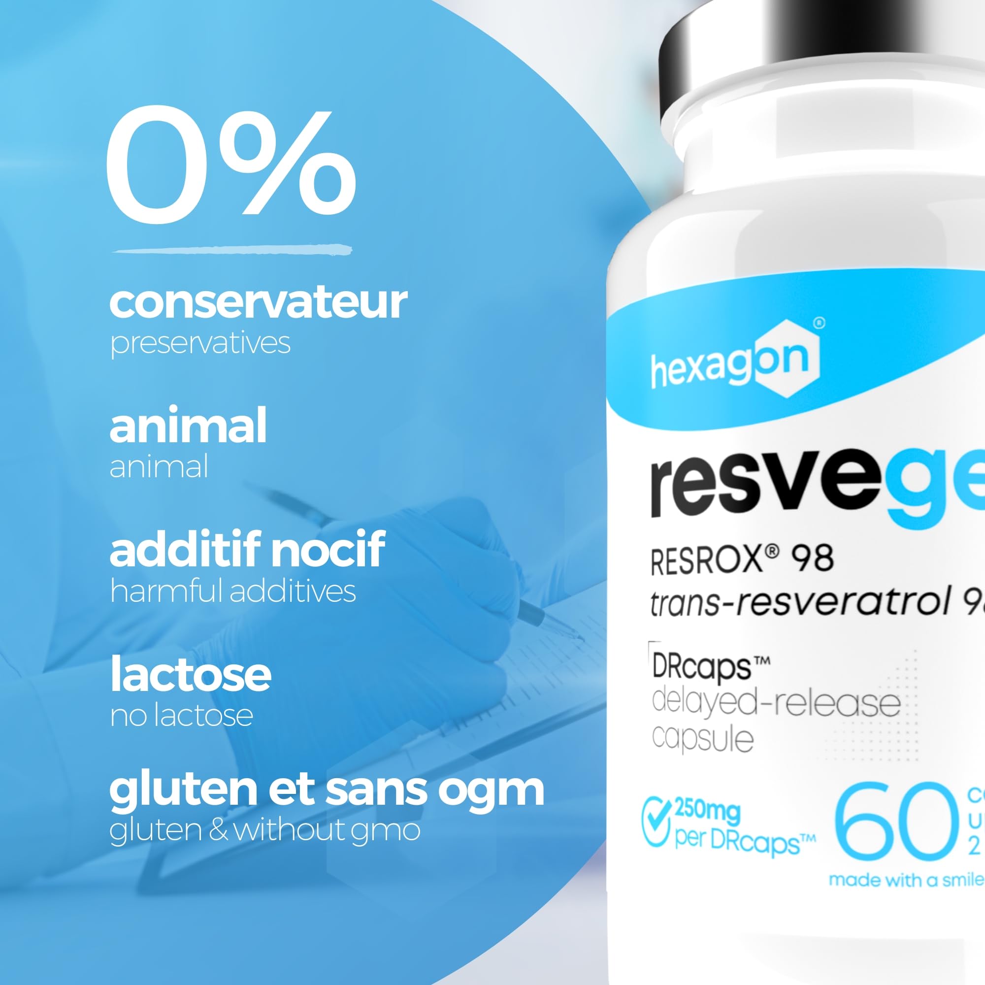 Resveratrol - Trans-Resveratrol 98% labellisé RESROX® - 60 Gélules DRcaps™ Libération Retardée 250mg - Resvegen™ Haute Disponibilité - Antioxydant & Anti-Aging - Fabriqué en France - Vegan - Hexagon