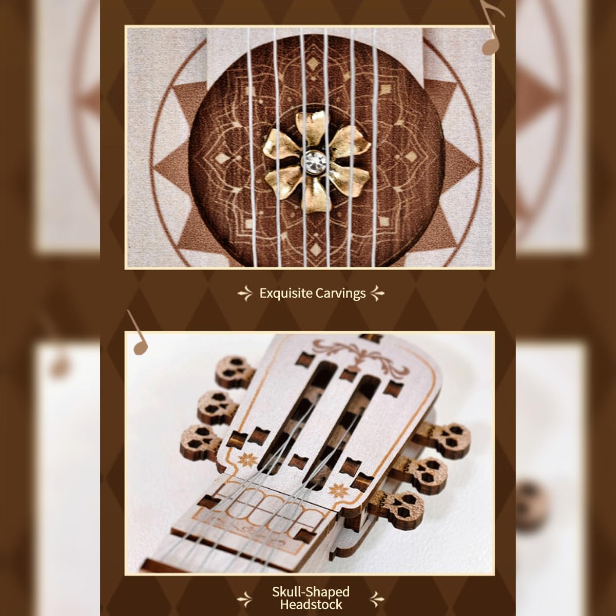 3D Wooden Puzzle for Adults, Mechanical Chord Guitar Wooden Model Kit to Build, 114PCS DIY Assembly Steampunk Puzzle Guitar with LED Lights Playable Strings, Craft Decor Gift