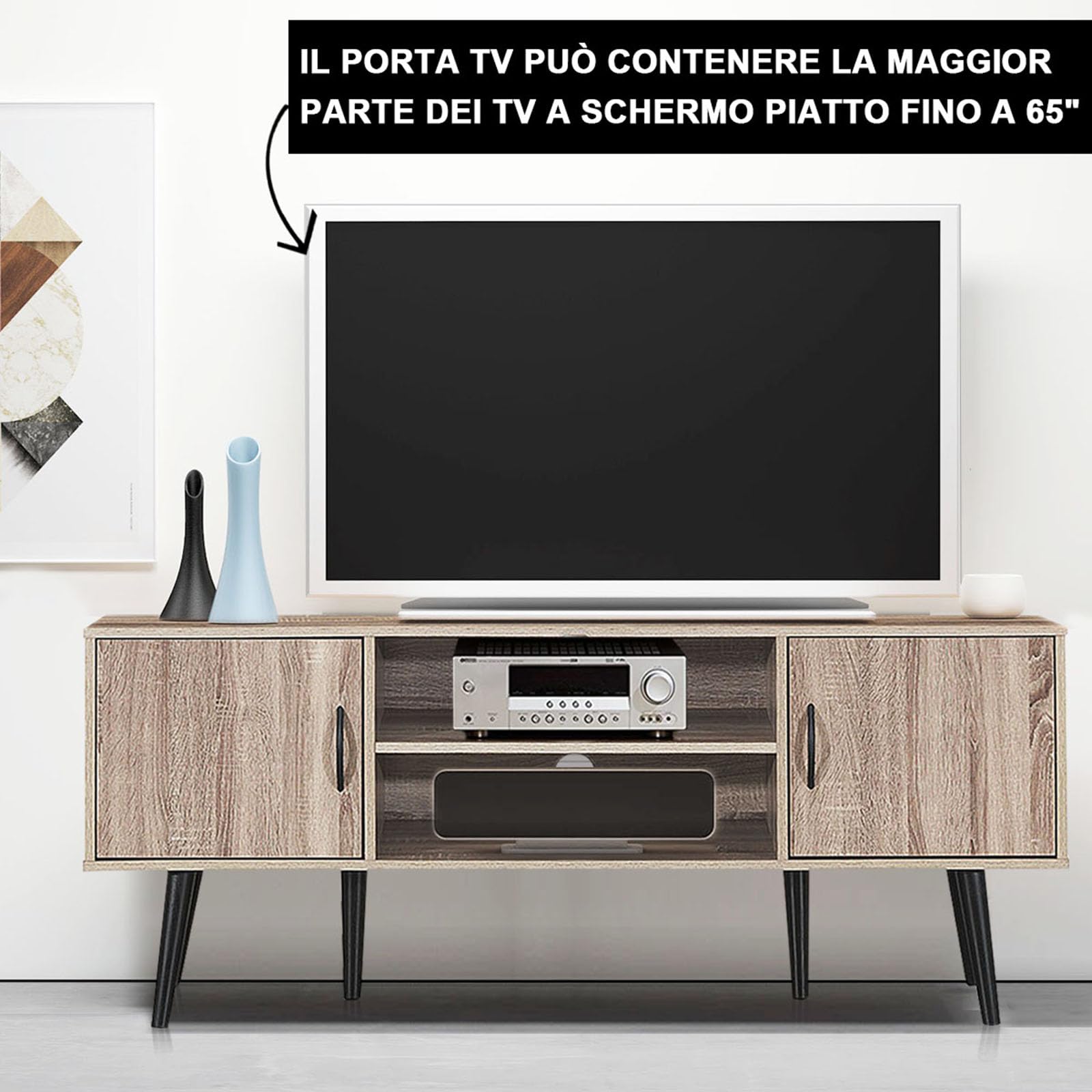 COSTWAY Mobile Porta TV Moderno, Supporto per TV con 2 Armadietti, Mensola Aperta, per TV fino a 65 Pollici, per Salone, Camera da letto, Corridoio, 147 x 39,5 x 62 cm