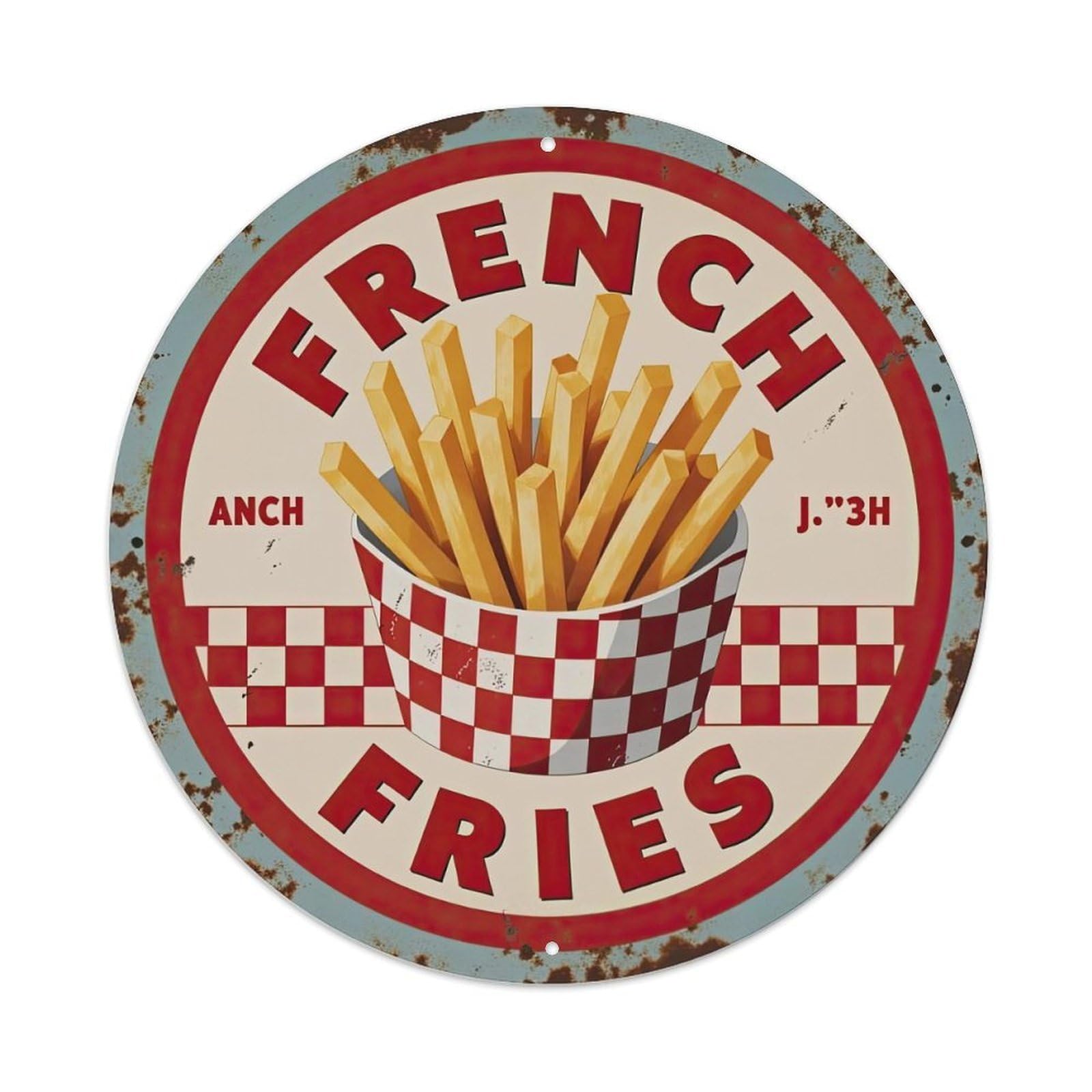 Red White Checkered Pattern Fries Metal Tin Sign