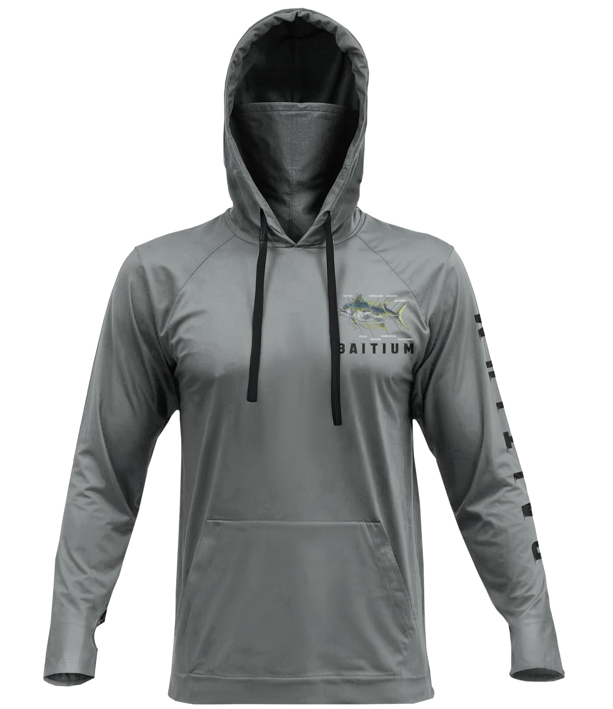 Baitium Men's Yellowfin Grey Hooded Fishing Shirt, UPF50, Long Sleeve with Gaiter, Recycled Polyester, Sun Hoodie for Fishing - Large