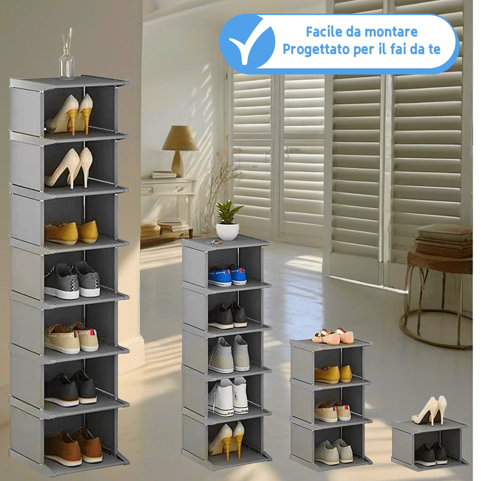 Scarpiera Salvaspazio Slim, Scarpiera Salvaspazio per Casa/Veranda/Ingresso, Telaio zincato ad alta resistenza, Facile da Montare, Grigio, 8 Piani