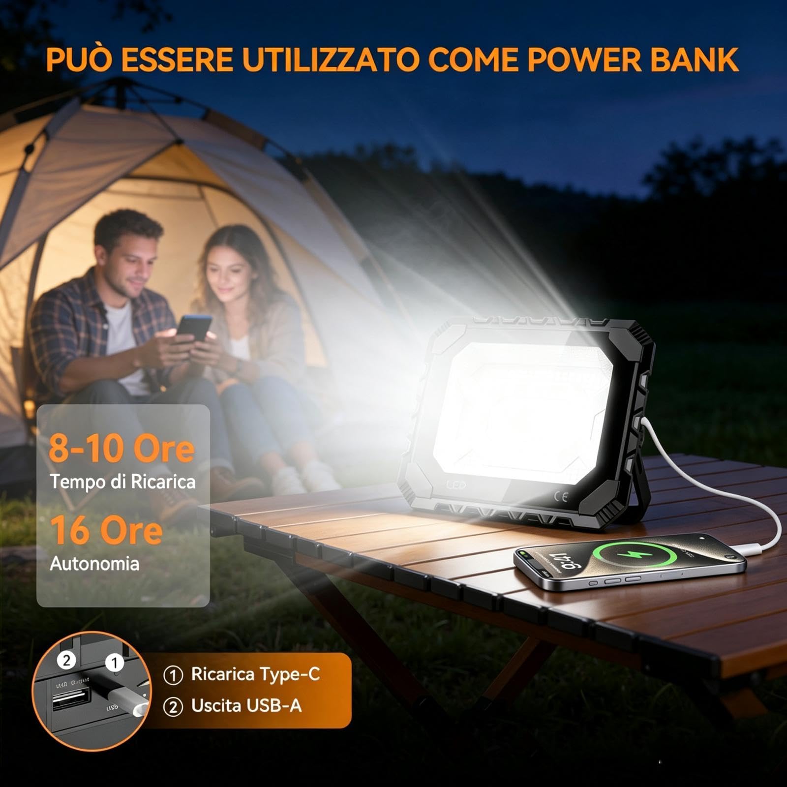 Adewalk Faro Led Ricaricabile 150W, 16000 mAh Portatile USB Faretto a Batteria con Pannello Solare 16000 lm, 5 Luce Modalità Impermeabile Lampada da Lavoro Solare da Esterno per Campeggio, Emergenza