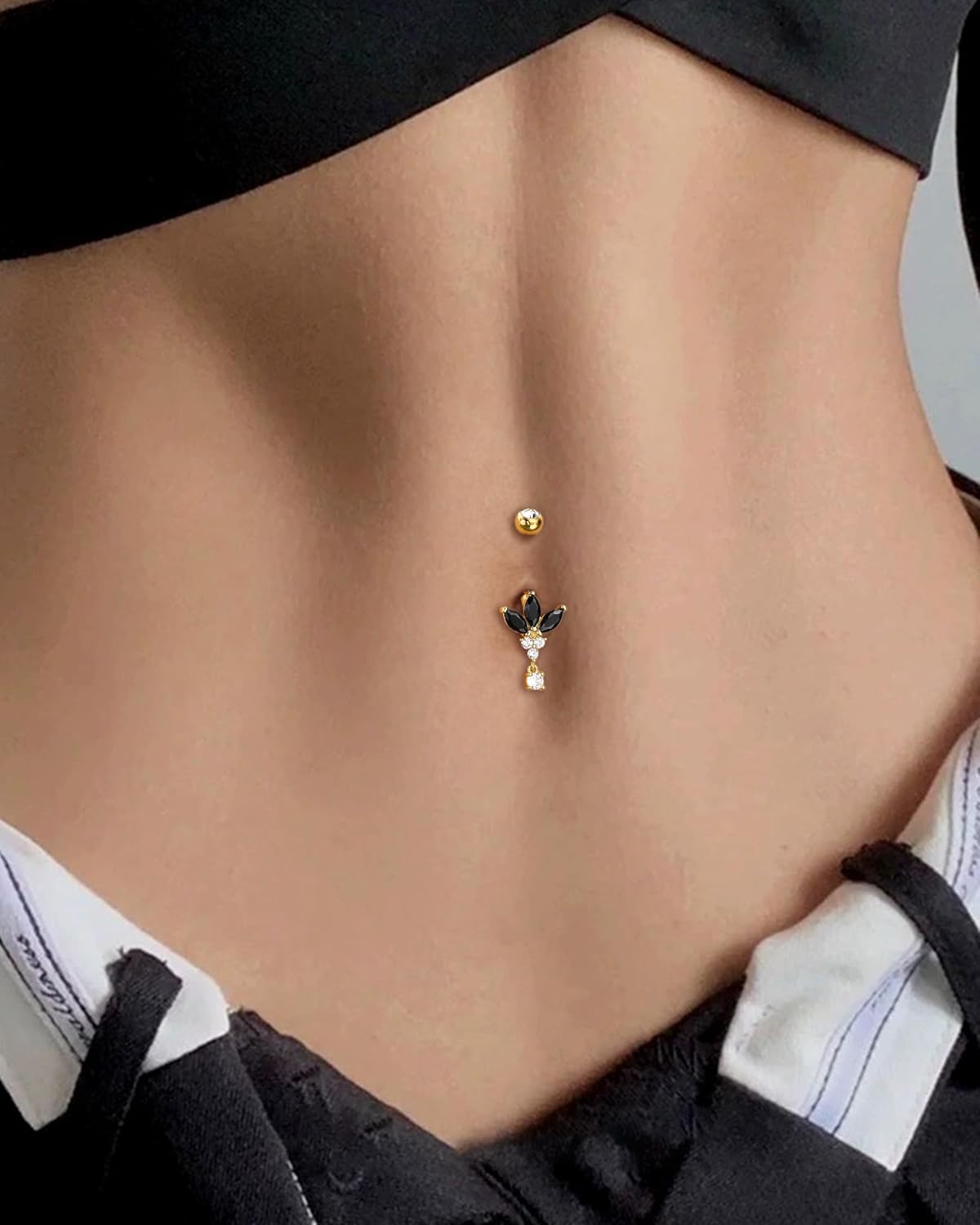 COCHARM Black Lotus Belly Button Rings, 14G Gold Dangle Belly Navel Rings for Women, Stainless Steel Belly Navel Piercing Jewelry - Image 2