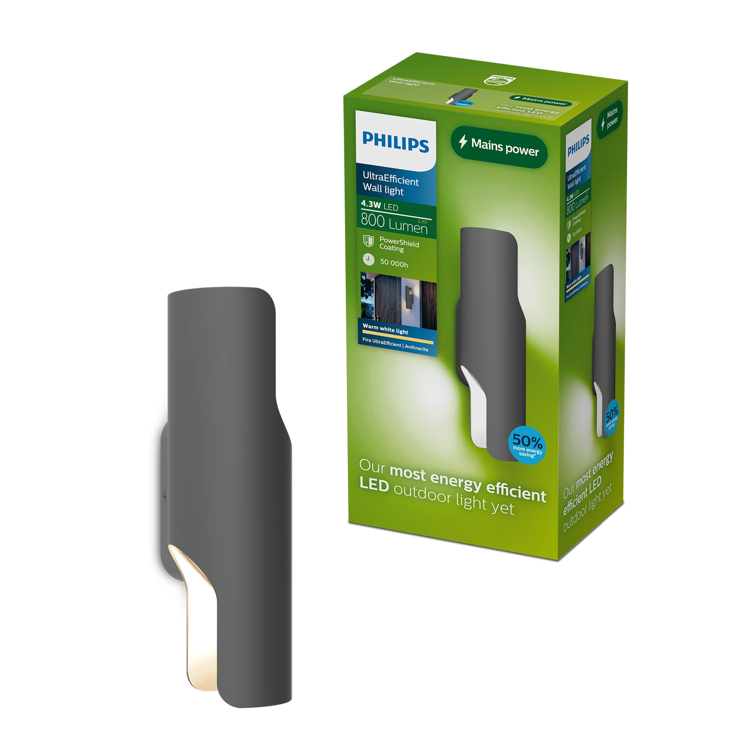 Philips Fira Outdoor Wall Light, 800 lm, 2700 K, PowerShield, IP44 Weather-Resistant, Durable, Aluminum, Modern Design, Built-in LED, Anthracite Gray