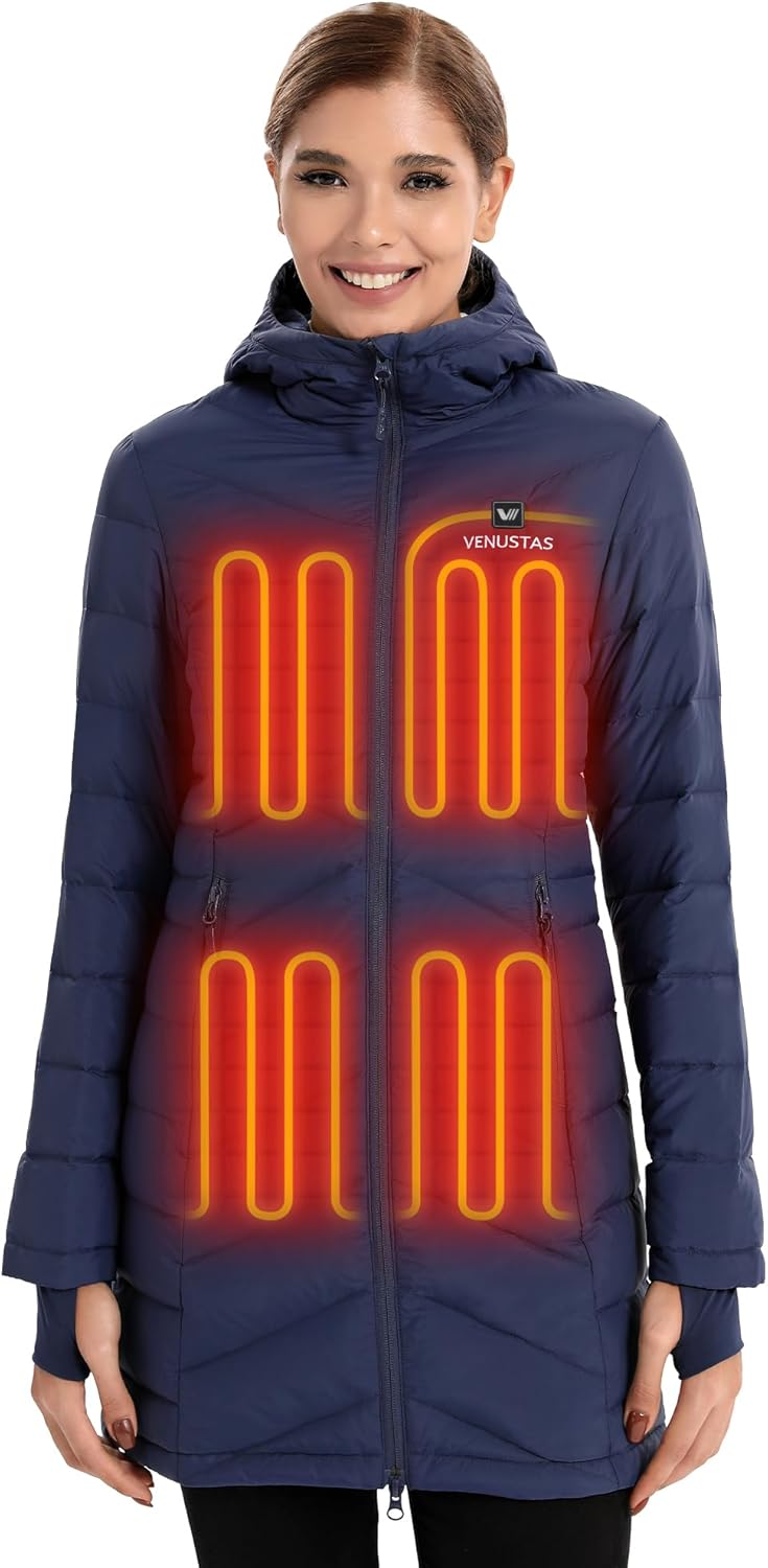 Venustas Women's Long Heated Down Jacket with Battery, 90% Duck Down Quilted Heated Puffer Jacket for Outdoor Camping Skiing