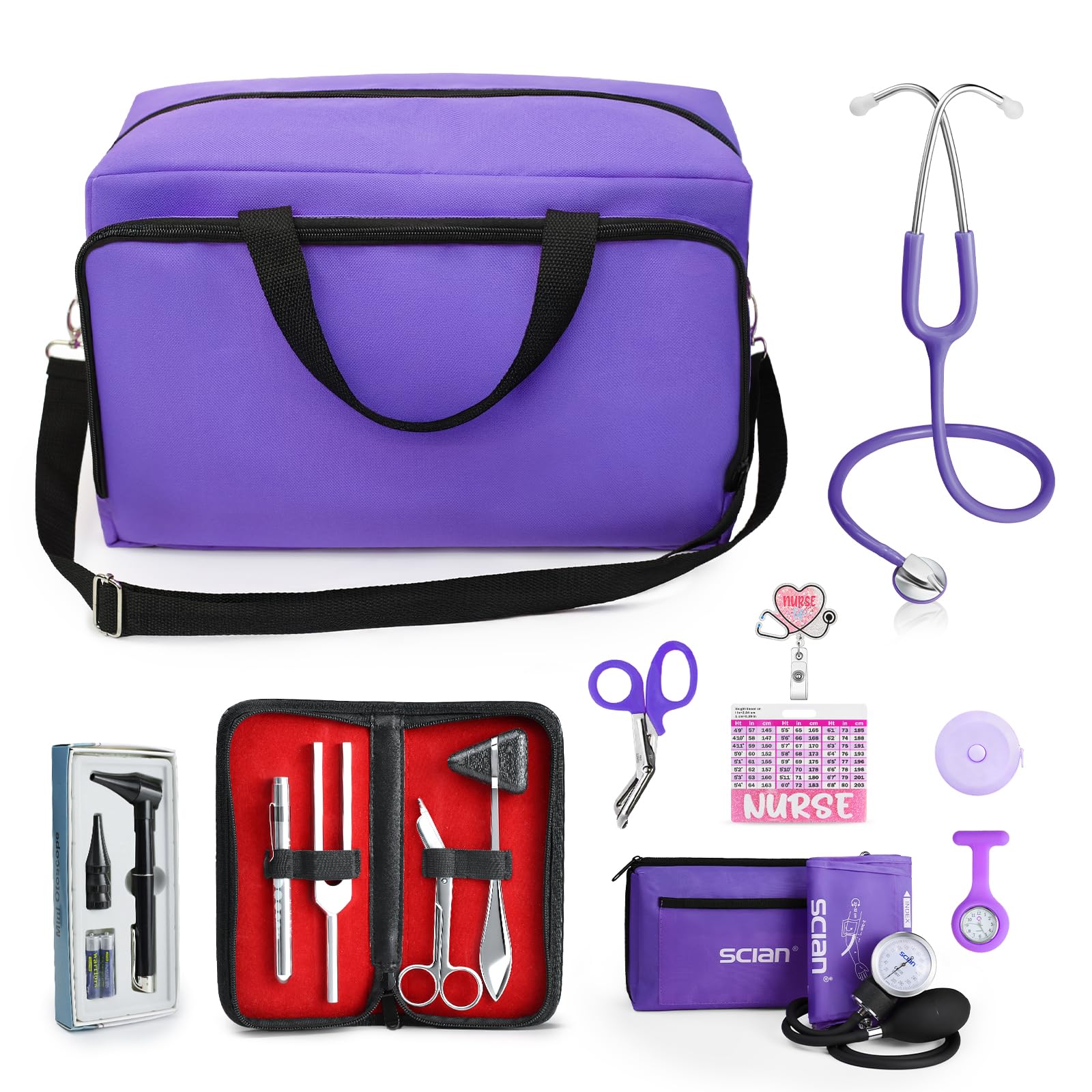 Scian Kit de iniciación de enfermera, 13 piezas, esencial para el trabajo, regalo médico perfecto para estudiantes de medicina, bolsa portátil púrpura con estetoscopio, esfigmomanómetro, otoscopio