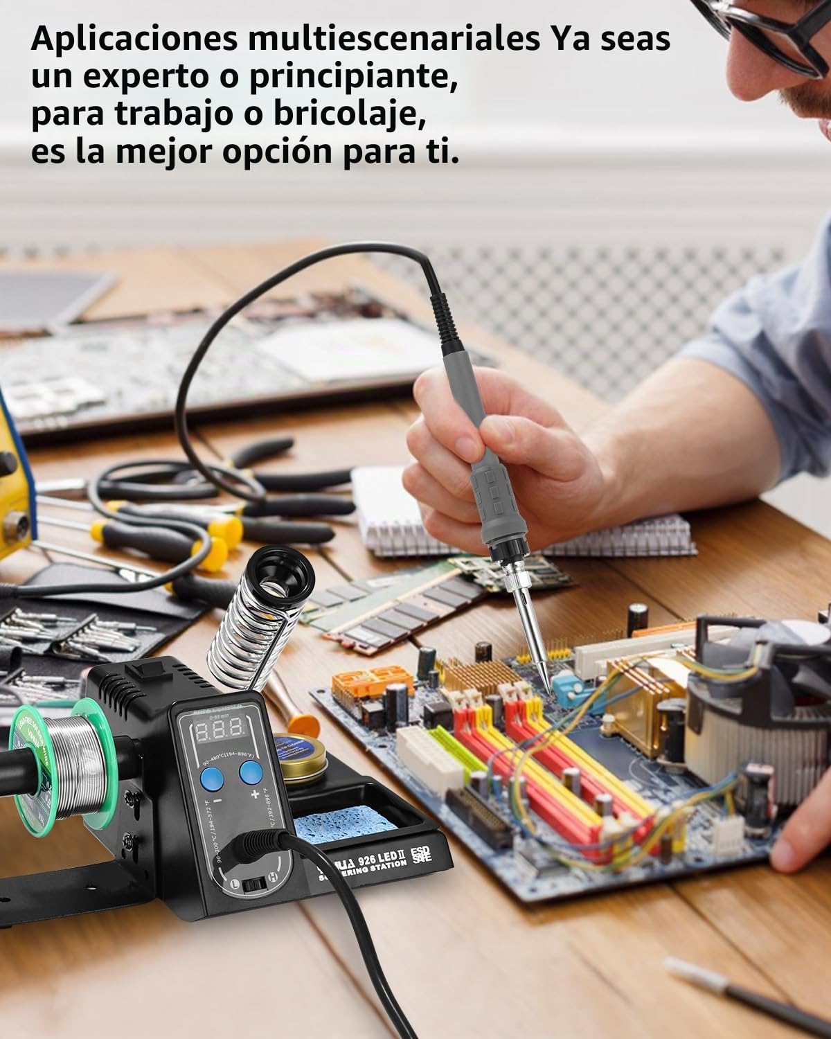 Estación de soldadura de 60 W, juego de soldador de 90 °C ~ 480 °C, temperatura ajustable con indicador de pantalla, bomba de desoldar, soporte de soldador, 5 puntas de soldadura etc.