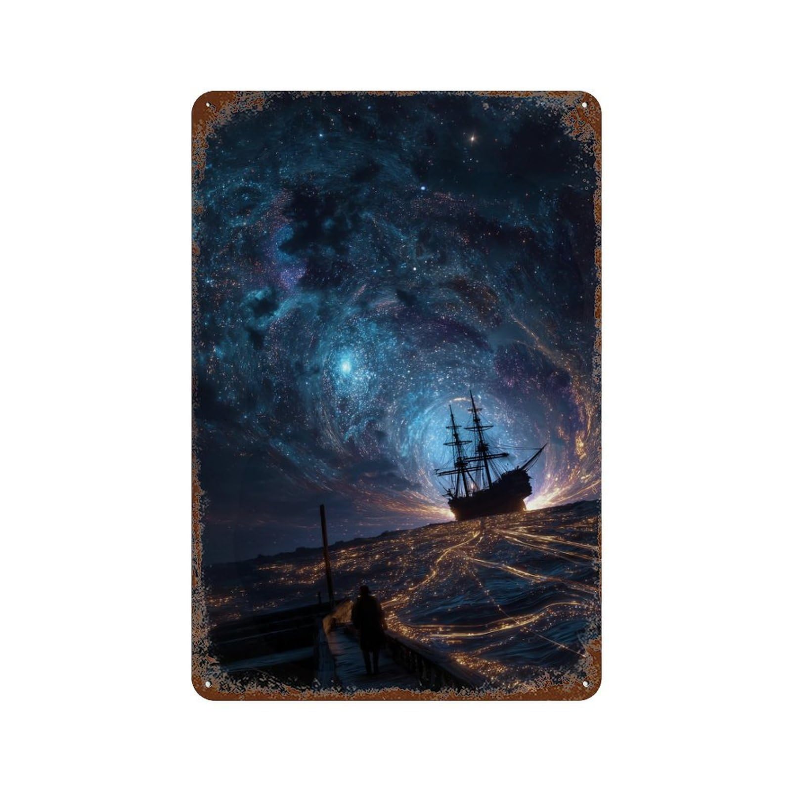 Galactic Voyage A Cosmic Journey 11.8"x7.9" Distressed Metal Wall Sign, Shabby Chic Decor for Office, Studio And Wall Decor