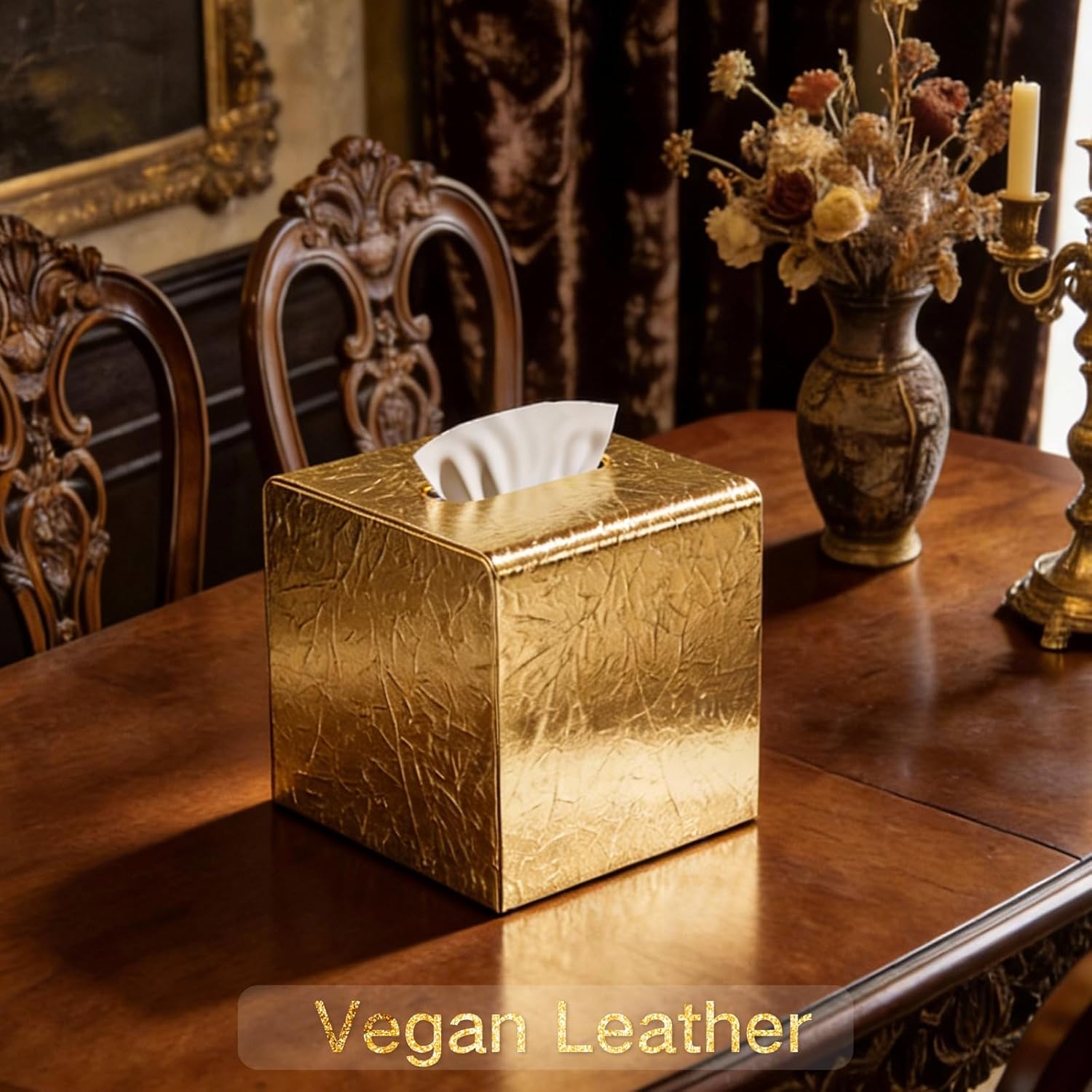 Gold Tissue Box Cover,Tissue Box Holder with Magnetic Bottom, Decorative Tissue Box for Vanity Toilet Tank Dresser Night Stand Table Countertop Office Car