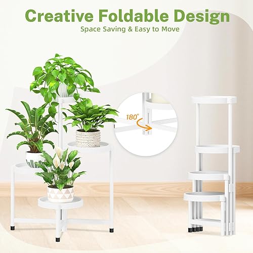 Miniatura 3 de iDavosic.ly Soporte plegable de 4 niveles para plantas para interiores y exteriores con bandeja de plástico, estante de esquina escalonada para