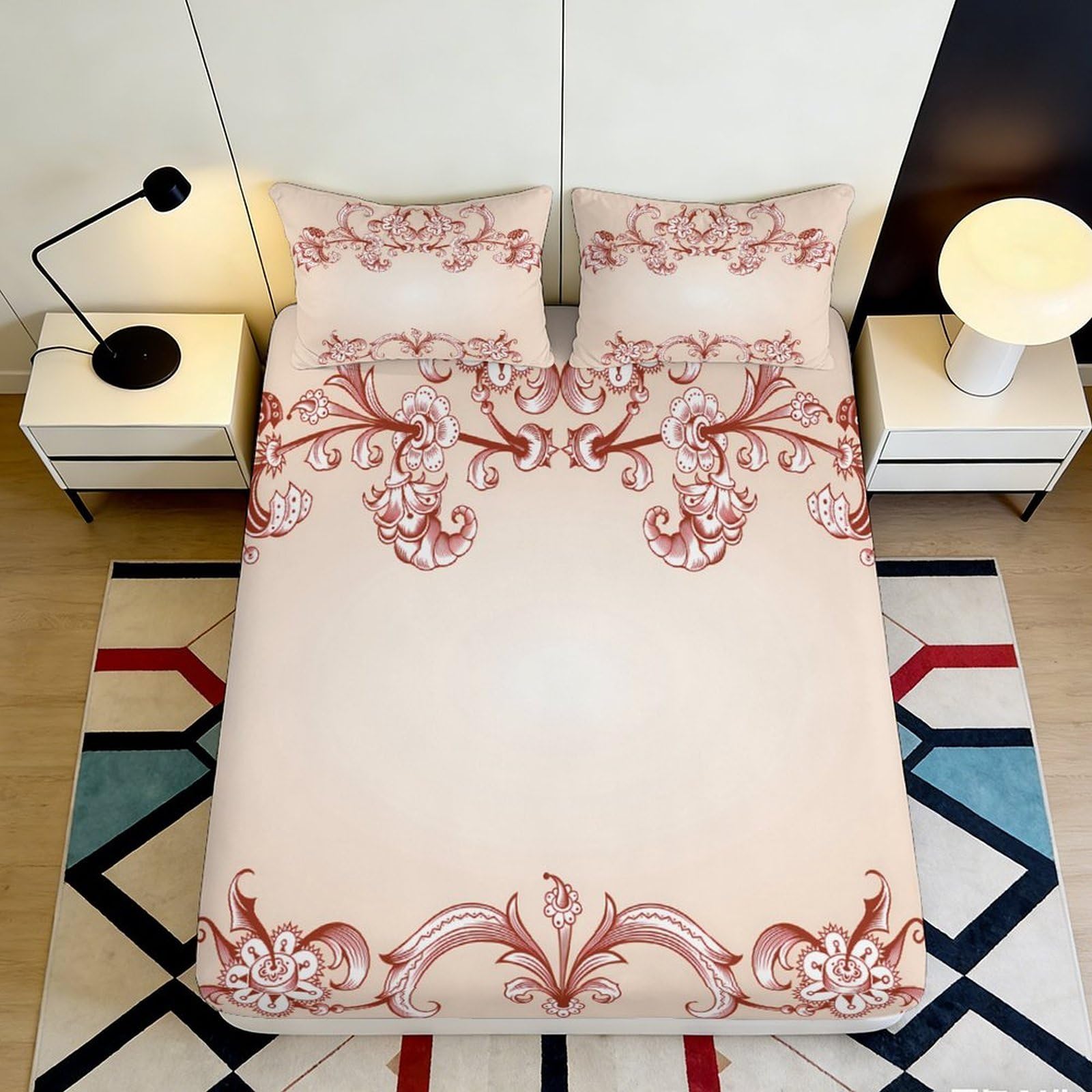 3D Printed Baroque Floral Fitted Sheet Microfiber Soft Pink Ornate Mattress Cover for Bedroom Guest Room Decor 90x200x25cm