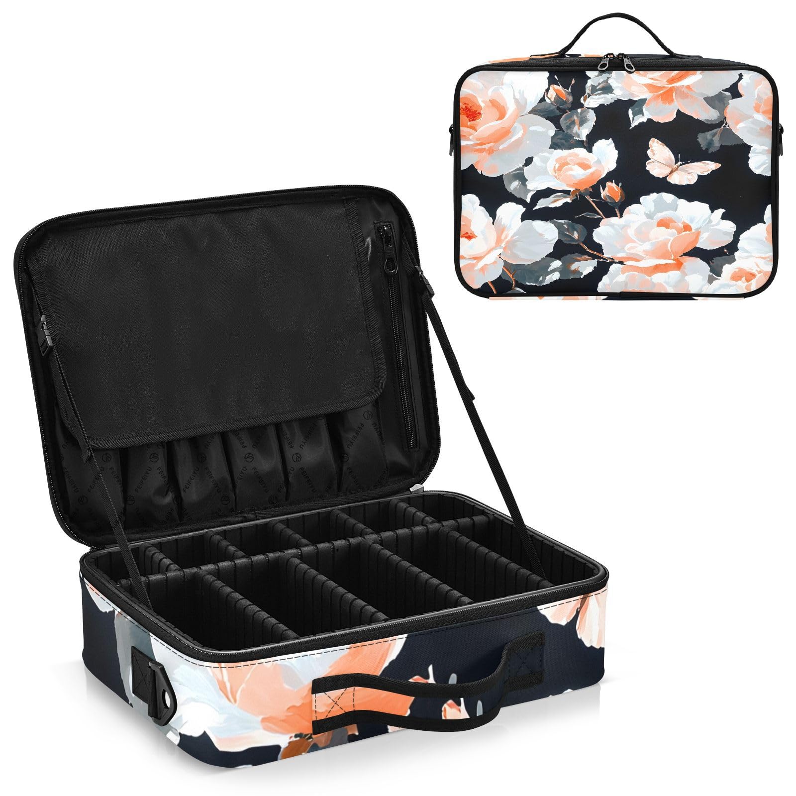 zyrtty Travel Makeup Train Case Coral Flower White Pattern Black Cosmetic Organizer Portable Storage Bag with Adjustable Dividers for Cosmetics Brushes Toiletry Jewelry Digital Accessories