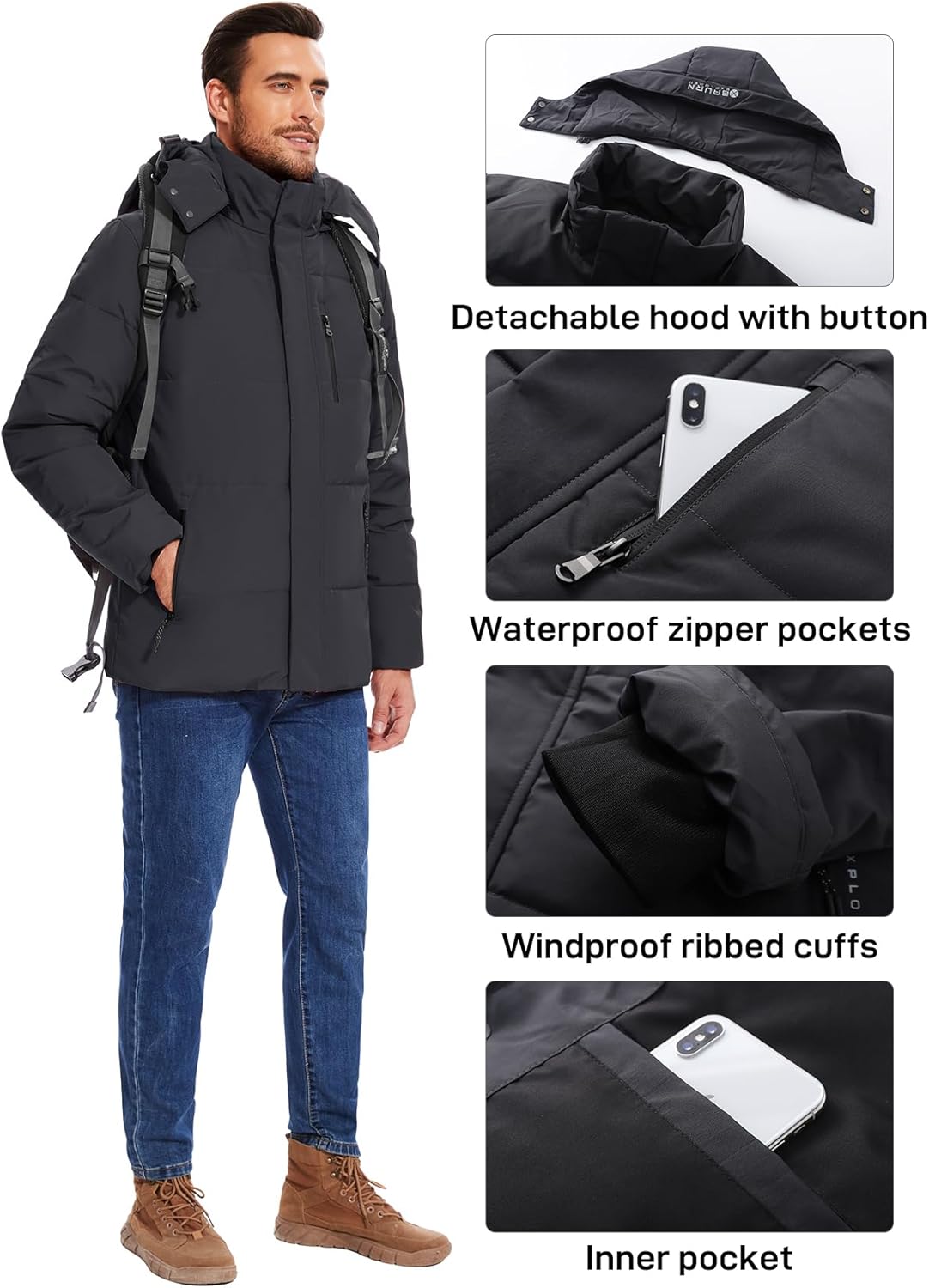 Flygo Puffer Jacket Men Down Jackets Winter Coats Waterproof Thicken Insulated Hooded Quilted Parka Snow Jacket