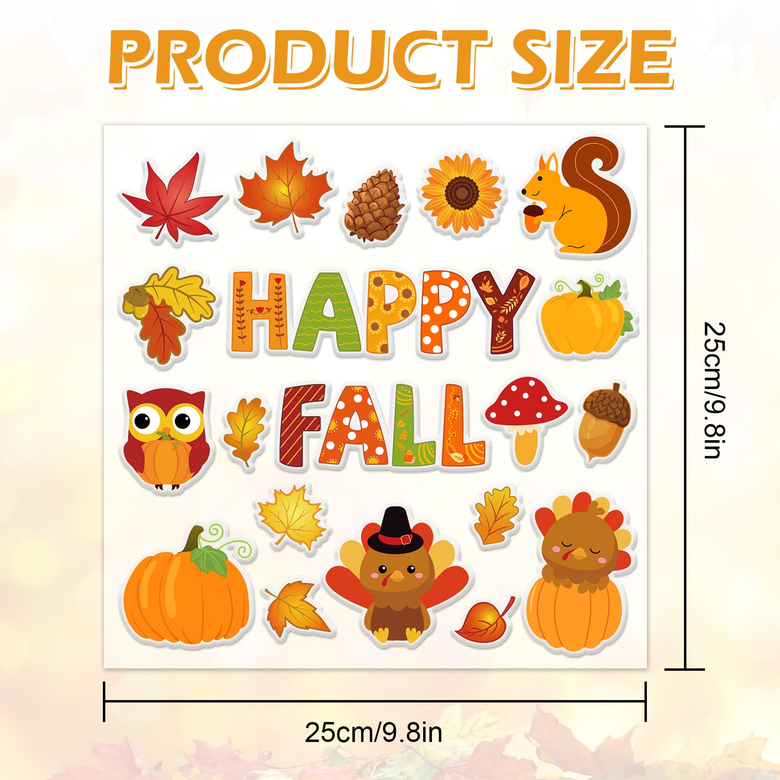 JarThenaAMCS 20 x dicke Gel-Aufkleber "Happy Fall", Ernte-Kürbisse, Tannenzapfen, Ahornblätter, Fenster-Gel-Aufkleber für Herbst, Erntedankfest, Schule, Klassenzimmer, Kinderzimmer, Dekoration