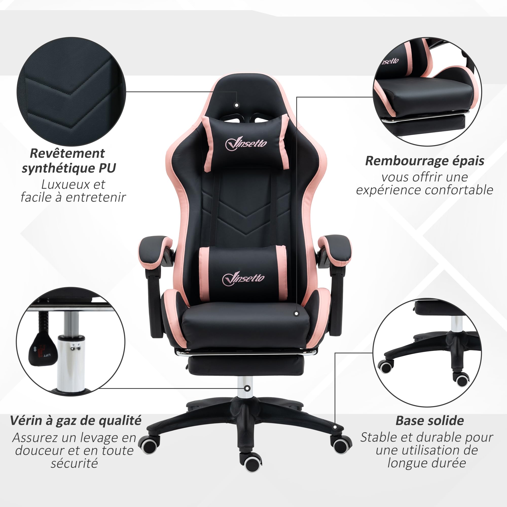 Vinsetto Chaise Gaming Ergonomique Repose-Pieds Télescopique Rose
