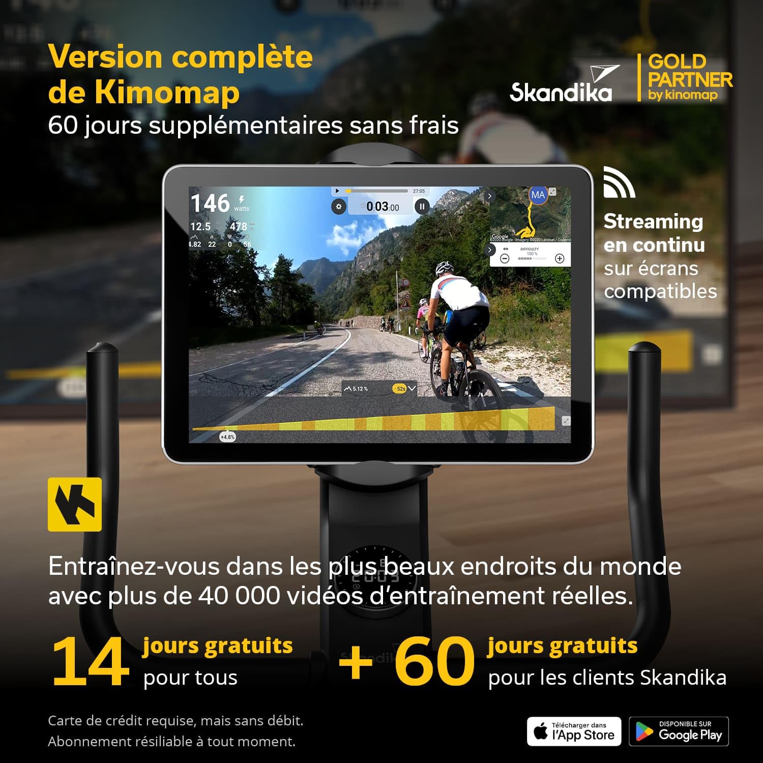 Skandika Vélo d'appartement Cykling P12-H, 32 Niveaux de Résistance, Écran LCD, Kinomap, Frein électromagnétique, Guidon ergonomique, Support Tablette, Velo appartement, Selle Réglable, Max 130KG