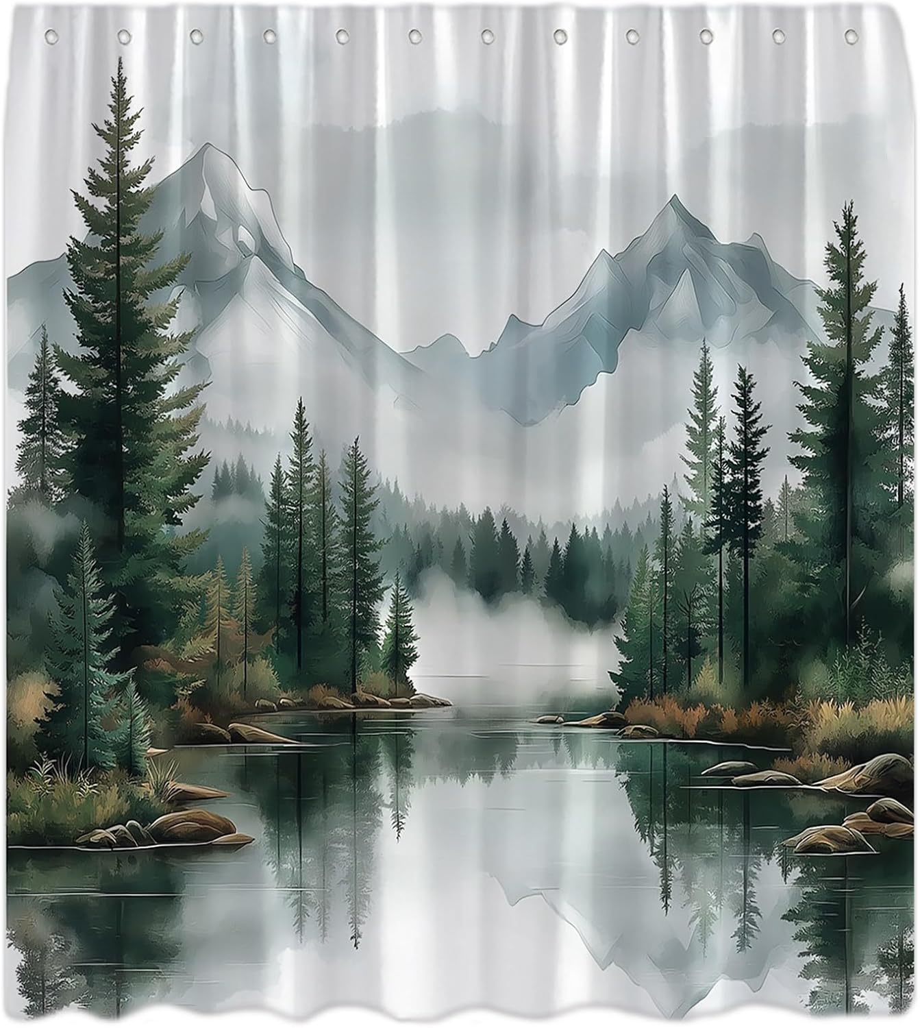 Green Misty Forest Shower Curtain Mountain Foggy Pine Trees Landscape Watercolor Jungle Plant Rustic Nature Scenery Lake Fabric Bathroom Curtain Set with Hook