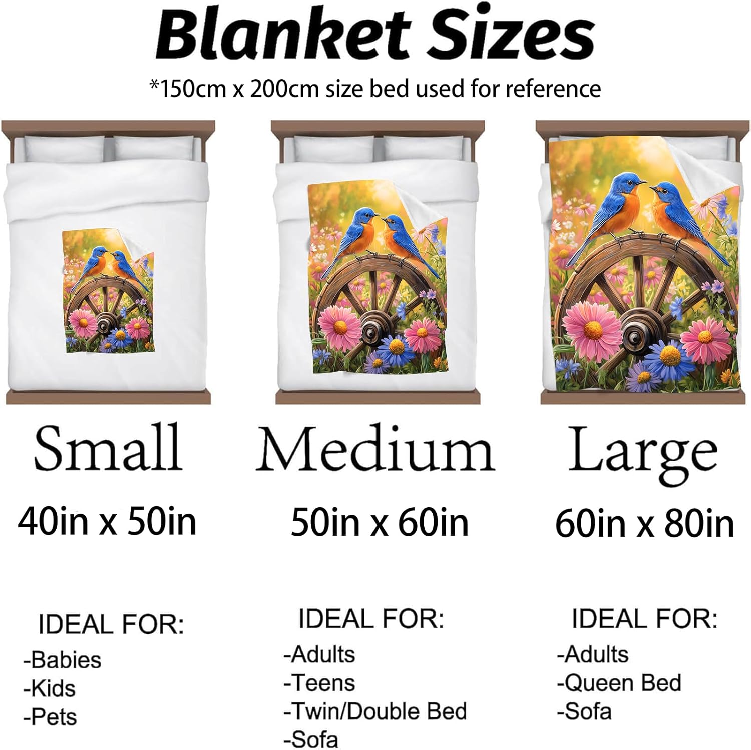 Blue Bird & Flowers Blanket, Soft & Warm Flannel Throw - Cozy Plush Lightweight Blankets for Travel, Decor, Bedroom, Office, Sofa for Adults Kids - Ideal for All Seasons 60"×50" - Image 3