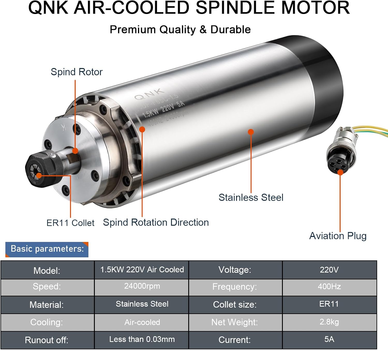 QNK CNC Spindle Motor, 1.5KW Air Cooled 65mm 220V ER11 24000RPM Spindle Motor, High Speed 5A 400Hz Air Cooled Round for CNC Router Engraver Milling Machine