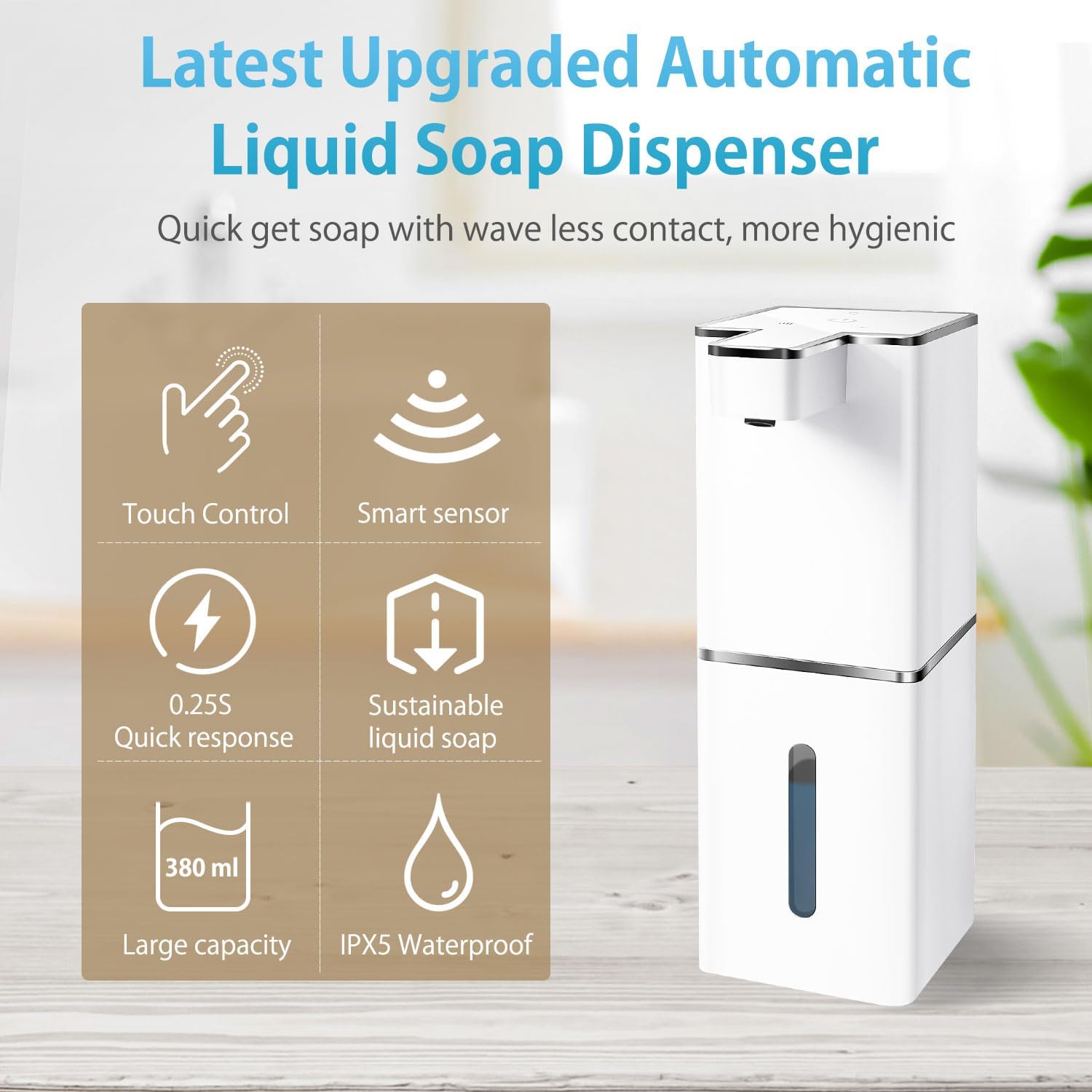 Automatic Liquid Soap Dispenser Touchless Soap Dispenser 380ml/12.8oz Rechargeable, Wall Mounted,4 Levels Adjustable Auto Soap Pump for Bathroom Kitchen Dish Soap White Liquid Square