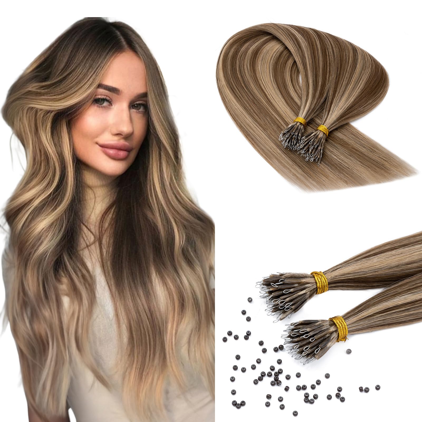 Benehair Nano Tip Hair Extensions Real Human Hair Invisible Straight Nano Rings Hair Extensions Silky #4/27 Medium Brown Mix Dark Blonde 16 Inches (35g)